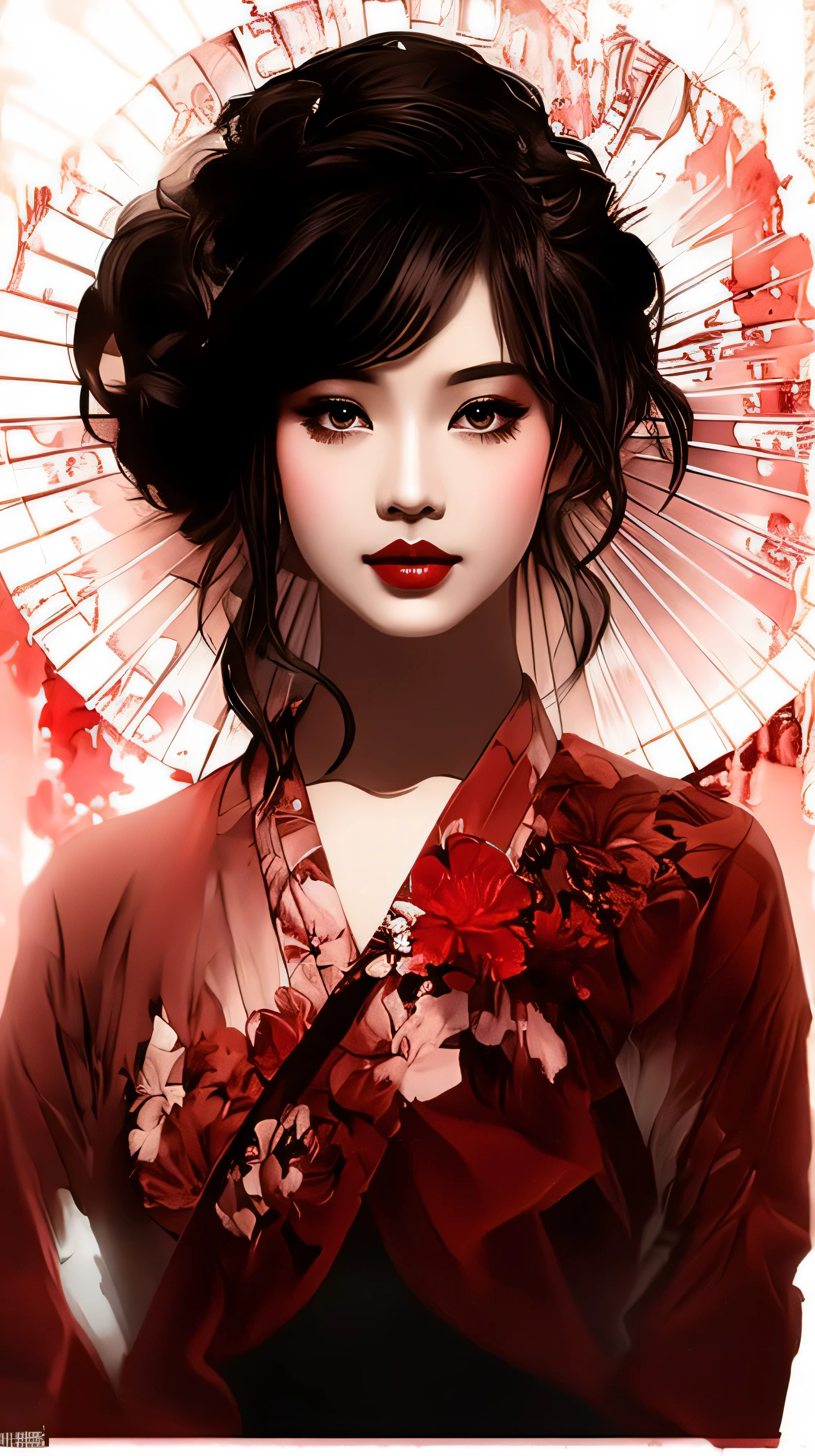 painting of a woman with a red flowered umbrella and a black and white background, ross tran 8 k, beautiful digital artwork, artwork in the style of guweiz, stunning digital illustration, beautiful digital illustration, wlop and ross tran, ross tran style, gorgeous digital painting, by Ross Tran, geisha, jingna zhang, beautiful digital painting