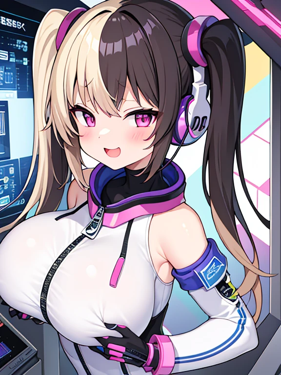 very detailed、masterpiece、high quality、one high school girl、、Loli、(blonde7,(white and pink space suit)、front zipper、(Futuristic, Tight Fit Bodysuit)、headphone、Cyberpunk space station interior background、(blonde),ロングtwin tails, (pink eyes), change,twin tails,sassy change,cheey change,mesugaki,girl,天才girl、(big breast):1.1,(blush):1.1、