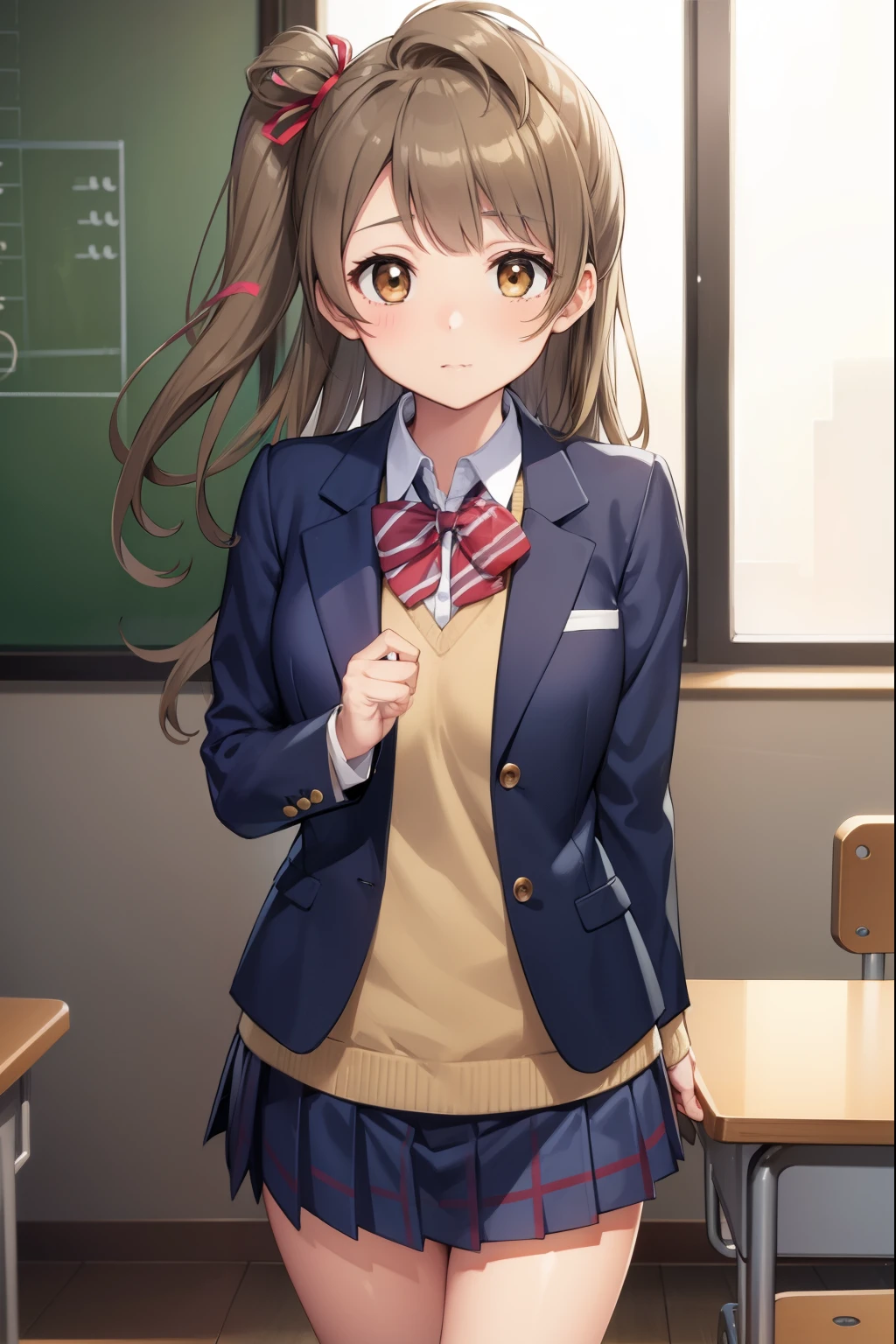 kotoriminami, kotori minami, brown hair, (brown eyes:1.5), one side up, hair ribbon, ribbon, long hair,
BREAK blazer, blue skirt, jacket, otonokizaka school uniform, pleated skirt, school uniform, winter uniform,
BREAK looking at viewer,
BREAK indoors, classroom, 
BREAK (masterpiece:1.2), best quality, high resolution, unity 8k wallpaper, (illustration:0.8), (beautiful detailed eyes:1.6), extremely detailed face, perfect lighting, extremely detailed CG, (perfect hands, perfect anatomy),