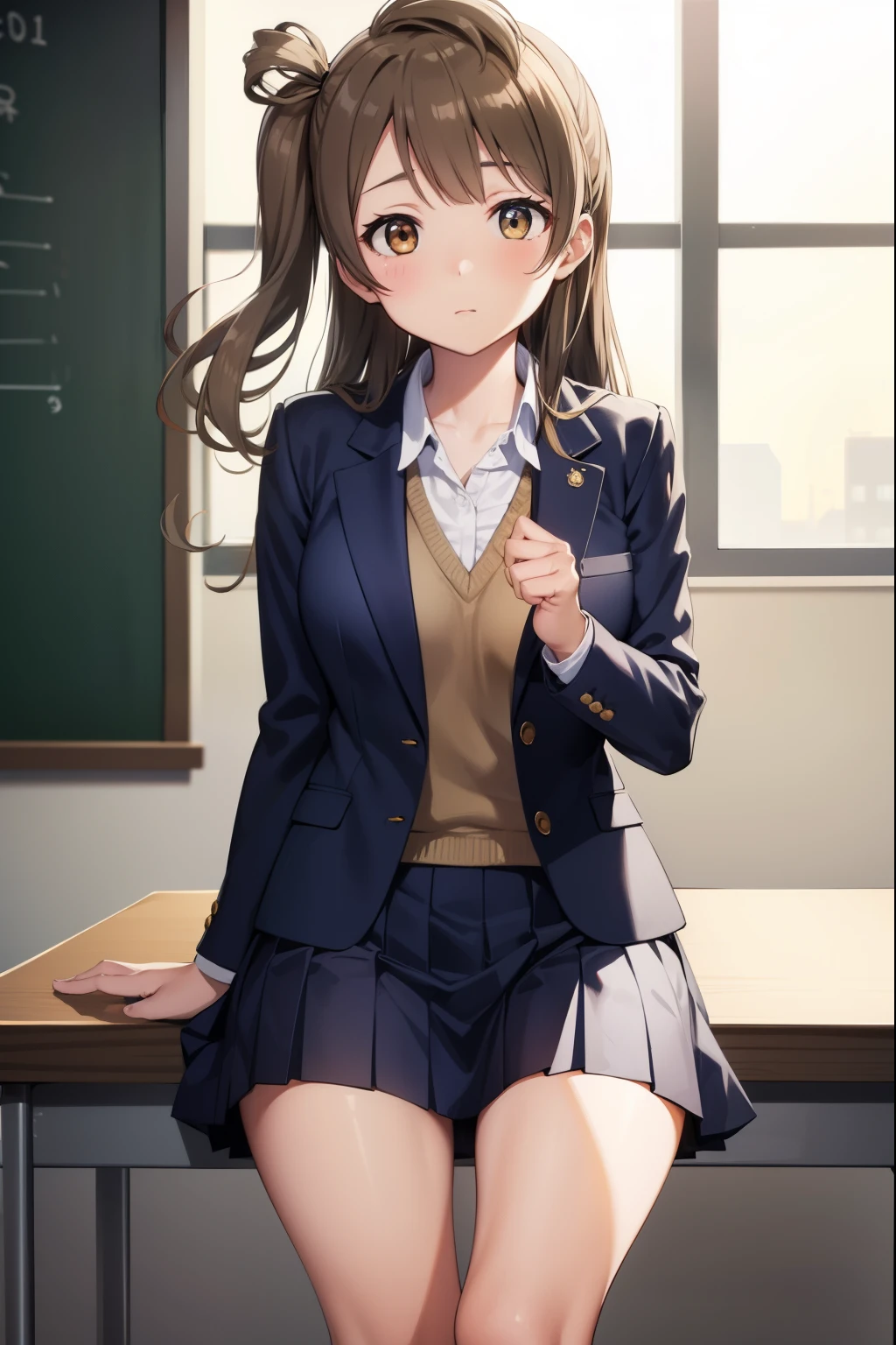 kotoriminami, kotori minami, brown hair, (brown eyes:1.5), one side up, hair ribbon, ribbon, long hair,
BREAK blazer, blue skirt, jacket, otonokizaka school uniform, pleated skirt, school uniform, winter uniform,
BREAK looking at viewer,
BREAK indoors, classroom, 
BREAK (masterpiece:1.2), best quality, high resolution, unity 8k wallpaper, (illustration:0.8), (beautiful detailed eyes:1.6), extremely detailed face, perfect lighting, extremely detailed CG, (perfect hands, perfect anatomy),