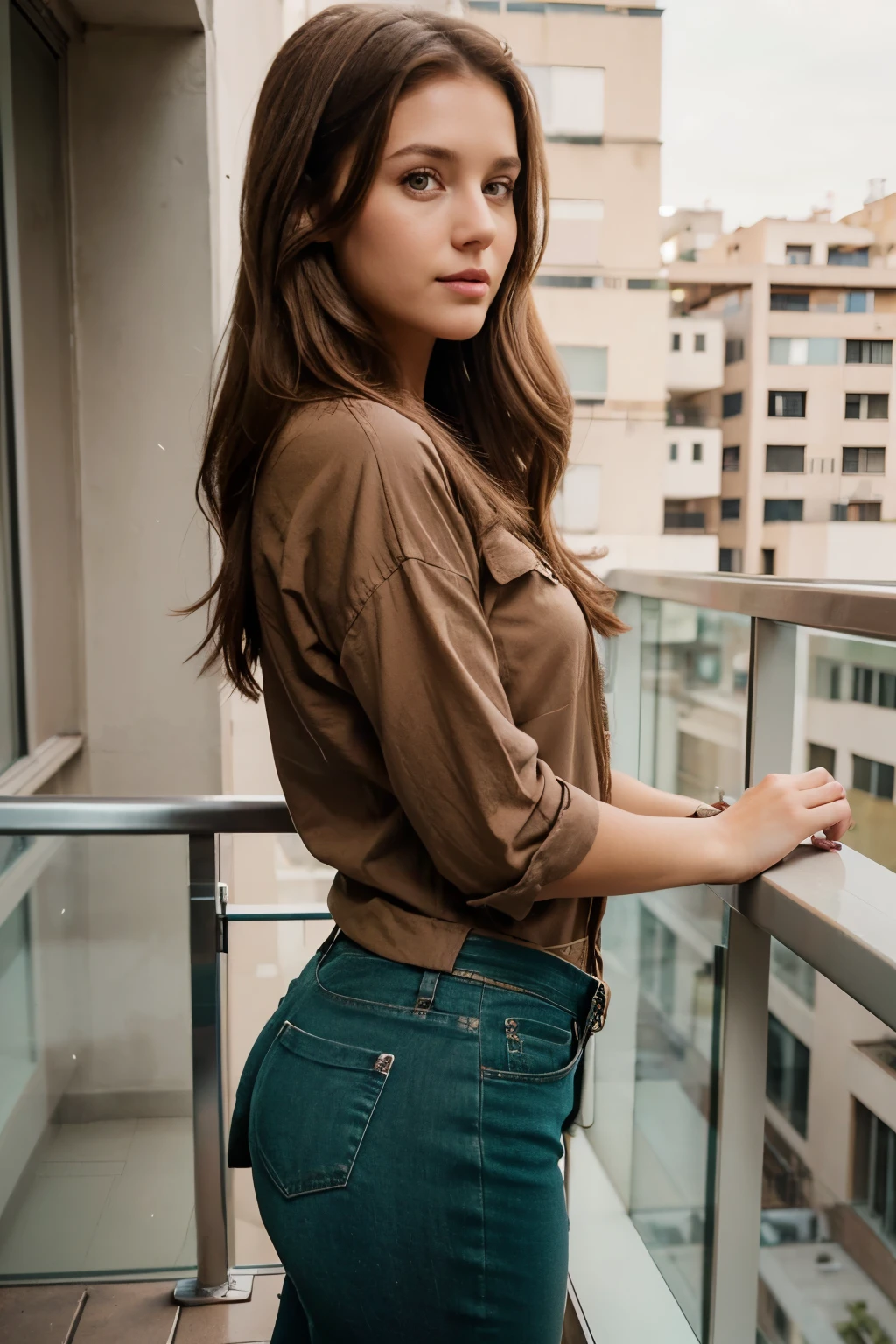 side pose of 29 year old woman with dirty long brown hair, wearing trendy casual cloths, pink lips, posing in her balcony, dirty brown hair, green eyes, realistic photography