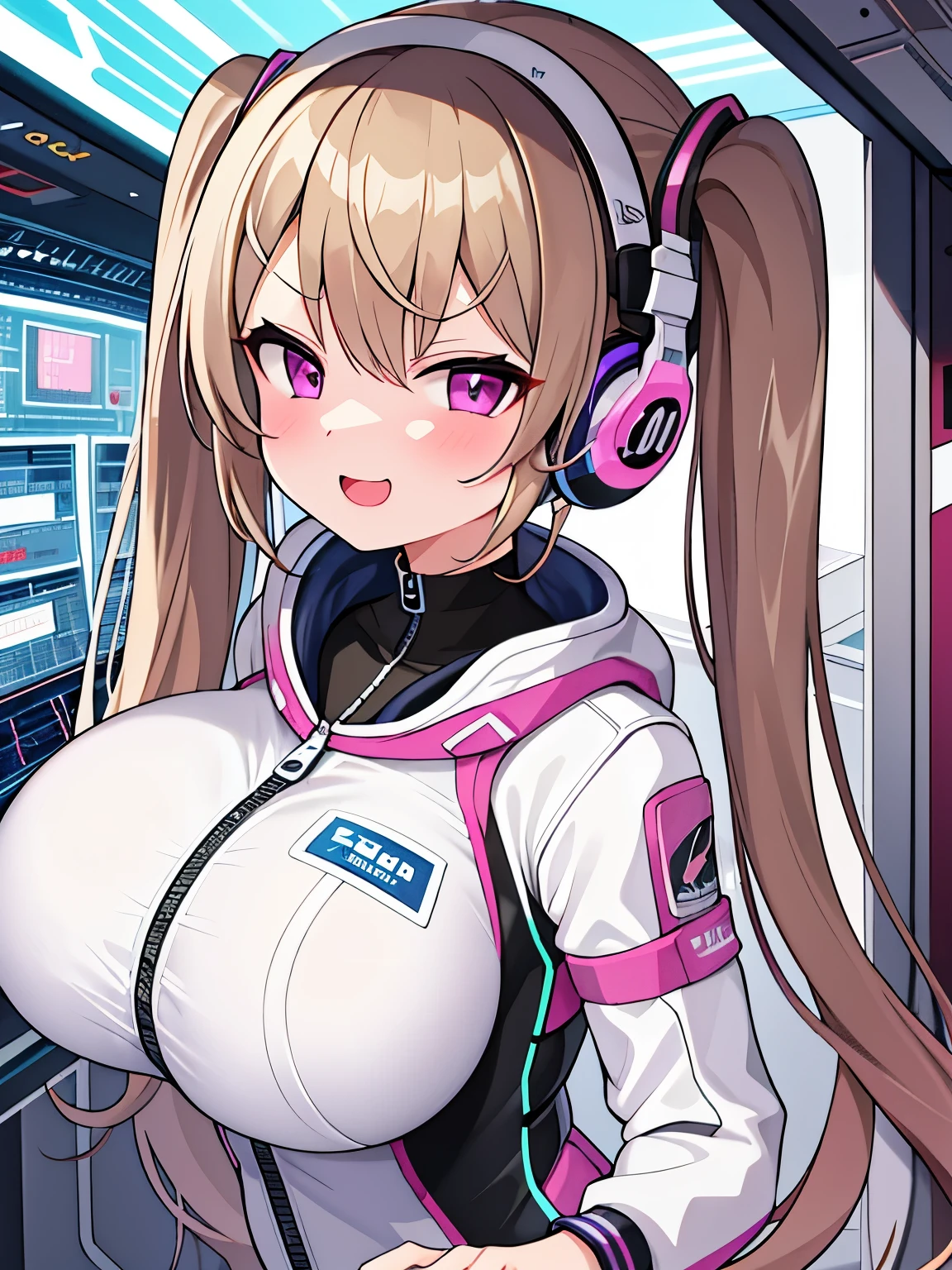 very detailed、masterpiece、high quality、one high school girl、12 years old、Loli、(blonde):1.7,(white and pink space suit)、front zipper、(Futuristic, Tight Fit Bodysuit)、headphone、Cyberpunk space station interior background、(blonde),ロングtwin tails, (pink eyes), change,twin tails,sassy change，cheey change，mesugaki,girl,天才girl、(big breast):1.1,(blush):1.1、