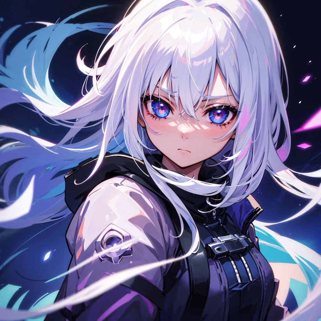 Girl, moon, cyberpunk, white hair, colerful eyes, sad, stars, galaxy