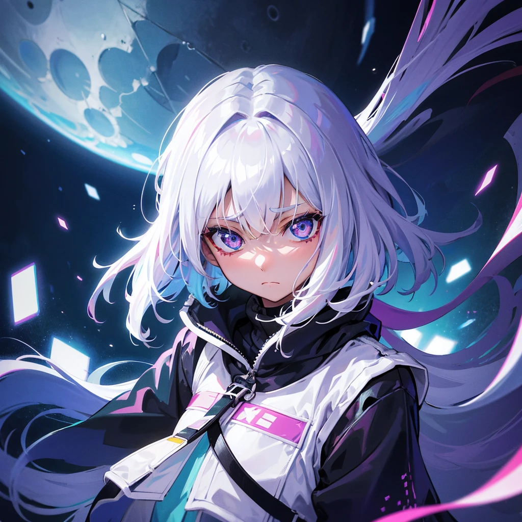 Girl, moon, cyberpunk, white hair, colerful eyes, sad, stars, galaxy