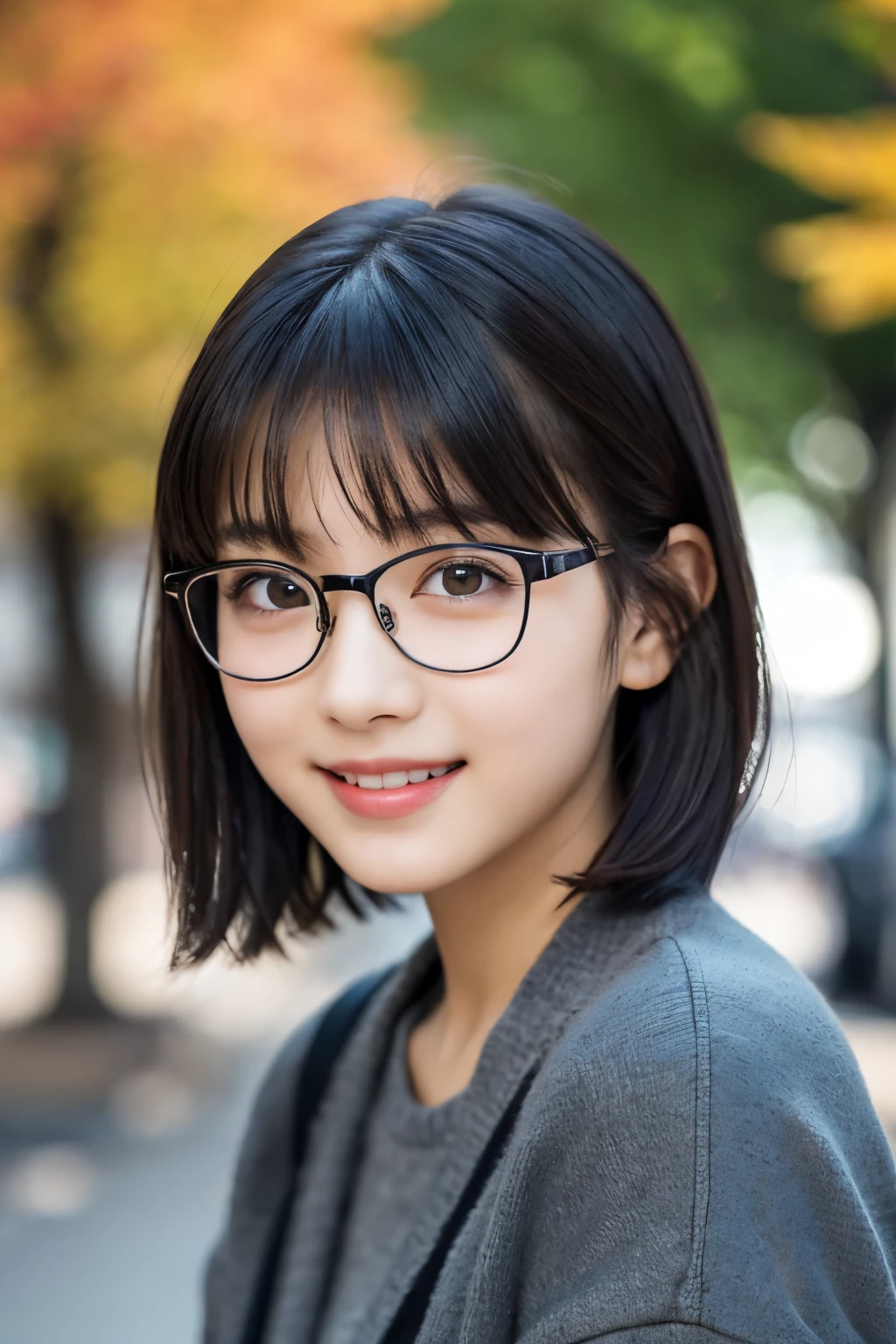 1 girl, (Wear casual fall clothes:1.2), (13 years old:1.5), young face, cute face,
(RAW photo, highest quality), (realistic, Photoreal:1.4), table top, sharp focus,
very delicate and beautiful, very detailed, 2k wallpaper, wonderful, finely,
very detailed CG Unity 8K 壁紙, super detailed, High resolution, soft light,
beautiful detailed girl, very detailed目と顔, beautifully detailed nose, beautiful and fine eyes,
break
Autumn Street Corner, cinematic lighting,
perfect anatomy, slender body, straight short hair, parted bangs, A big smile, looking at the viewer、black rim glasses