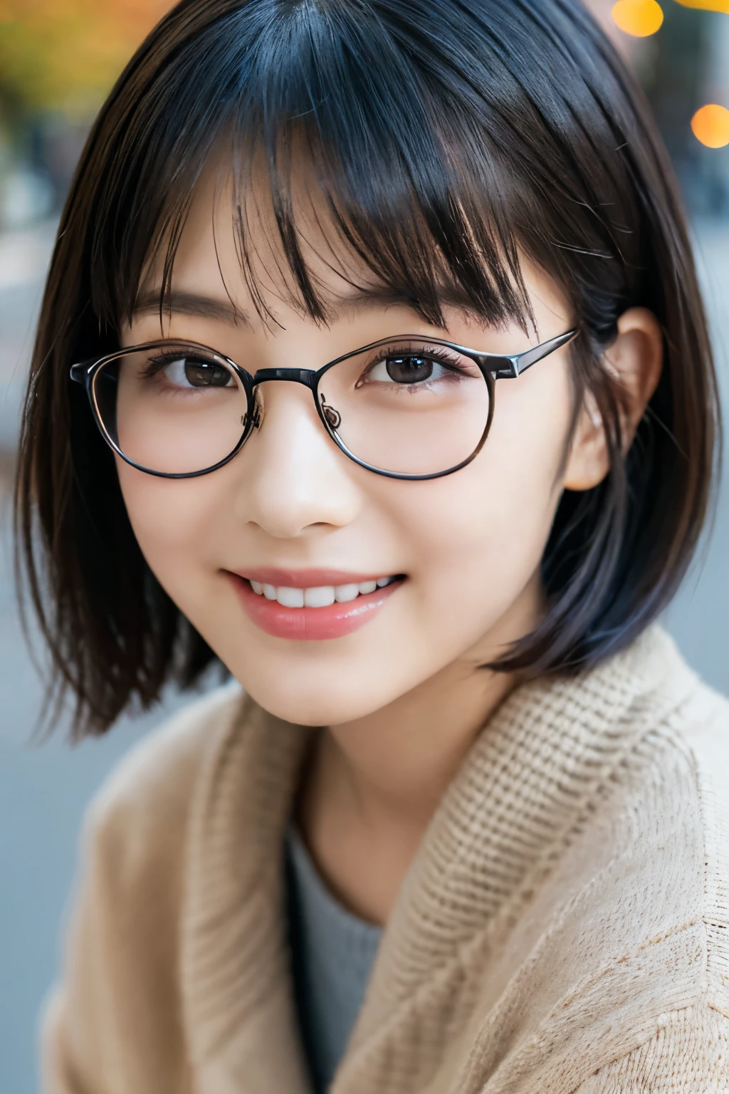 1 girl, (Wear casual fall clothes:1.2), (13 years old:1.5), young face, cute face, 
(RAW photo, highest quality), (realistic, Photoreal:1.4), table top, sharp focus, 
very delicate and beautiful, very detailed, 2k wallpaper, wonderful, finely, 
very detailed CG Unity 8K 壁紙, super detailed, High resolution, soft light, 
beautiful detailed girl, very detailed目と顔, beautifully detailed nose, beautiful and fine eyes, 
break
Autumn Street Corner, cinematic lighting, 
perfect anatomy, slender body, straight short hair, parted bangs, A big smile, looking at the viewer、black rim glasses