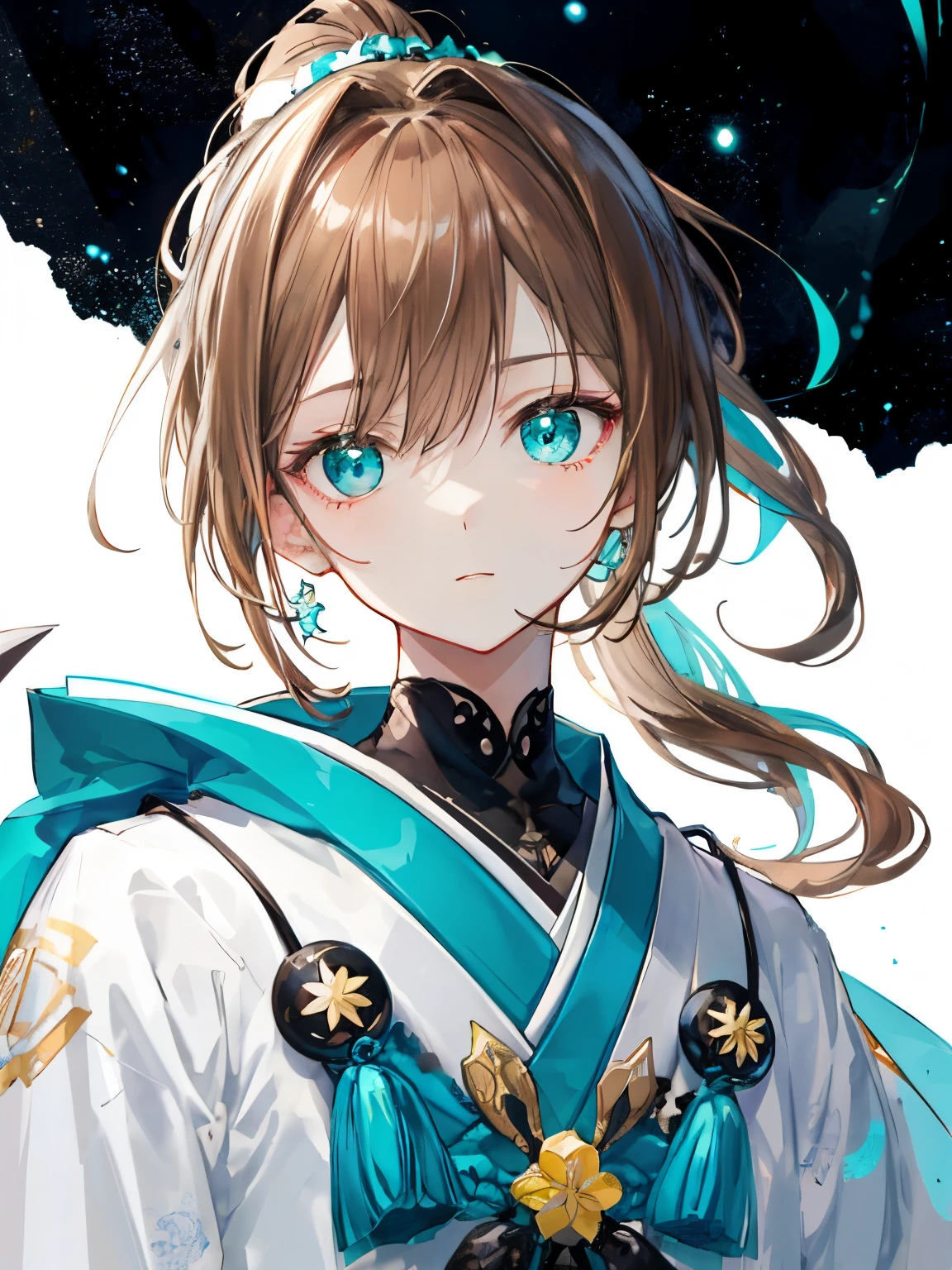 highest quality、muste piece、super detailed、perfect face、very detailed、very delicate、1 boy, (light brown hair)、ponytail, light blue eyes, noble clothes、 full of confidence, please keep your mouth shut、expressive eyes, collofull eyes, contrast, shadowy, muste piece, digital art, shining eyes, Intimidating, damaged, devilish, Japanese-style background, white, black and teal、両手にwhiteく輝くstarを浮かばせる、fear、universe、whole body、star