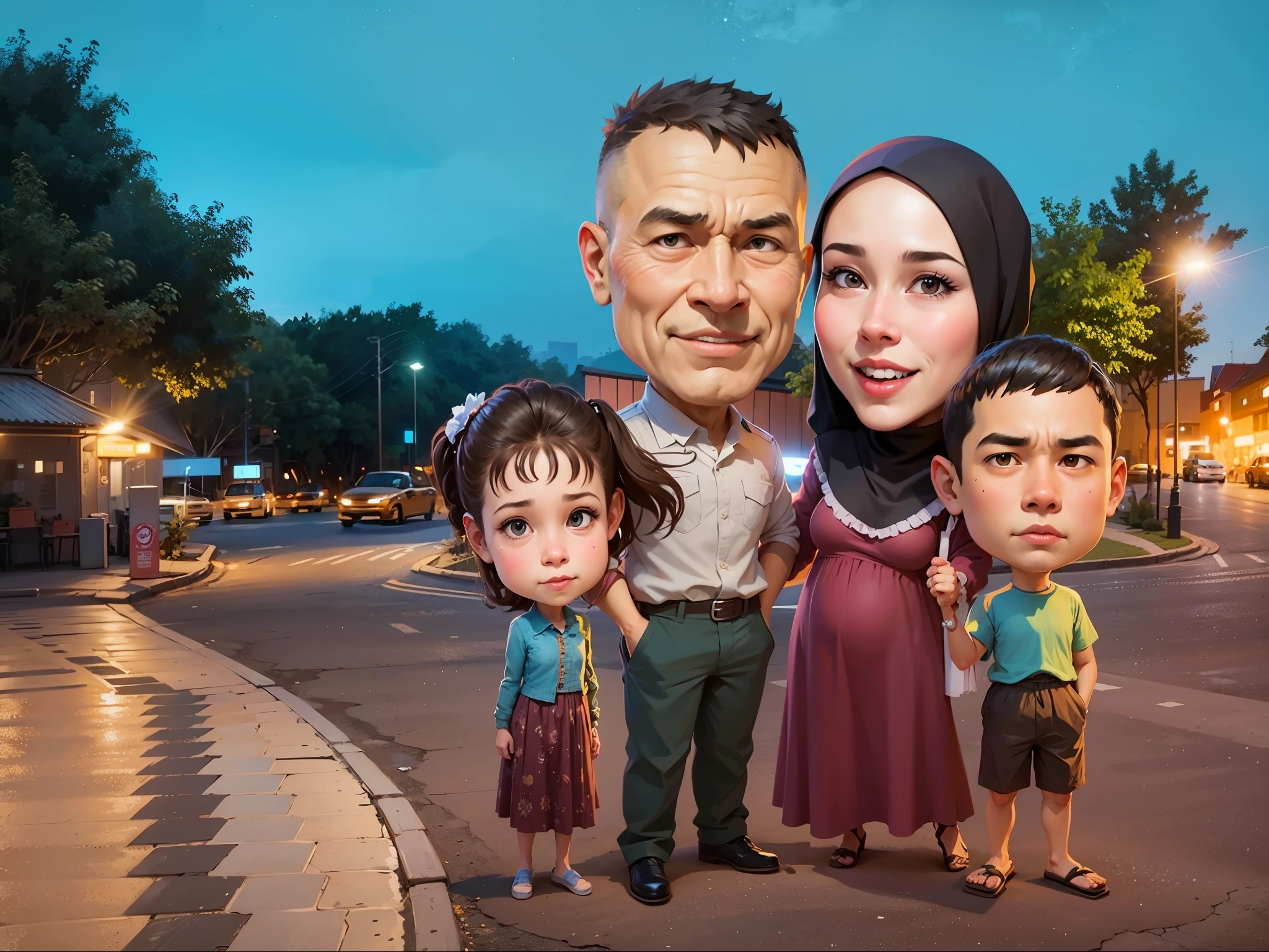 cartoon of a family of three standing in a street at night, caricature illustration, an indonesian family portrait, caricature style, happy family, in cartoon style, caricature, potrait, family portrait, in city street, caricature!!!, cartoon portrait, cartoon art, classic portrait, digital art cartoon, charicature, cartoon digital painting, full protrait, family