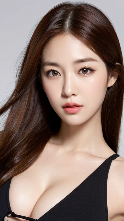 realistic, high resolution, 8k wallpapers, Complete dynamic configuration, Korean Background, beautiful detailed eyes, normal sized eyes, long straight hair, red hair vibrant lips, big bust, Random and plain generic poses, random case, full chest exposure, Top-dressing, winked, 40 year old woman, Korean woman, (drooping eyes 1.2), (sagging eyebrows 1.2), very beautiful appearance, slim body, natural makeup,