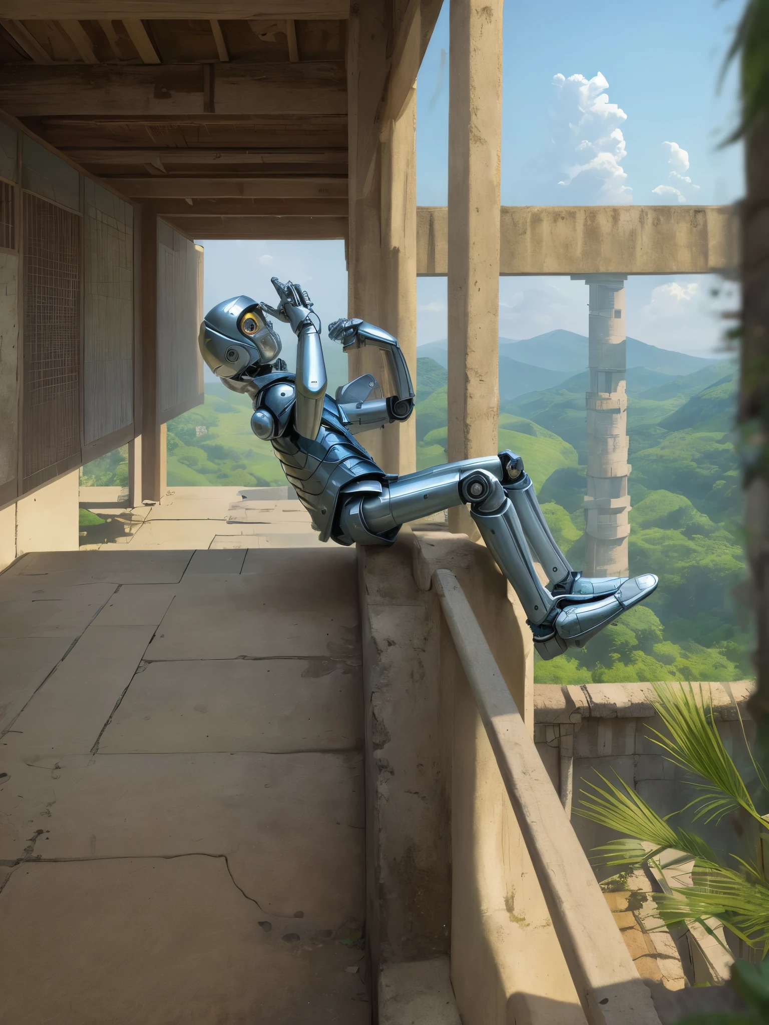 there is a robot boy sitting on a ledge, around pole, in an old building with lawn, silver robotic kid, traditional Japanese concept art, Andrea's Rocha style, stylized fantasy artwork, anime epic artwork, detailed render, 8k, detailed, anime, illustration, detailed digital art