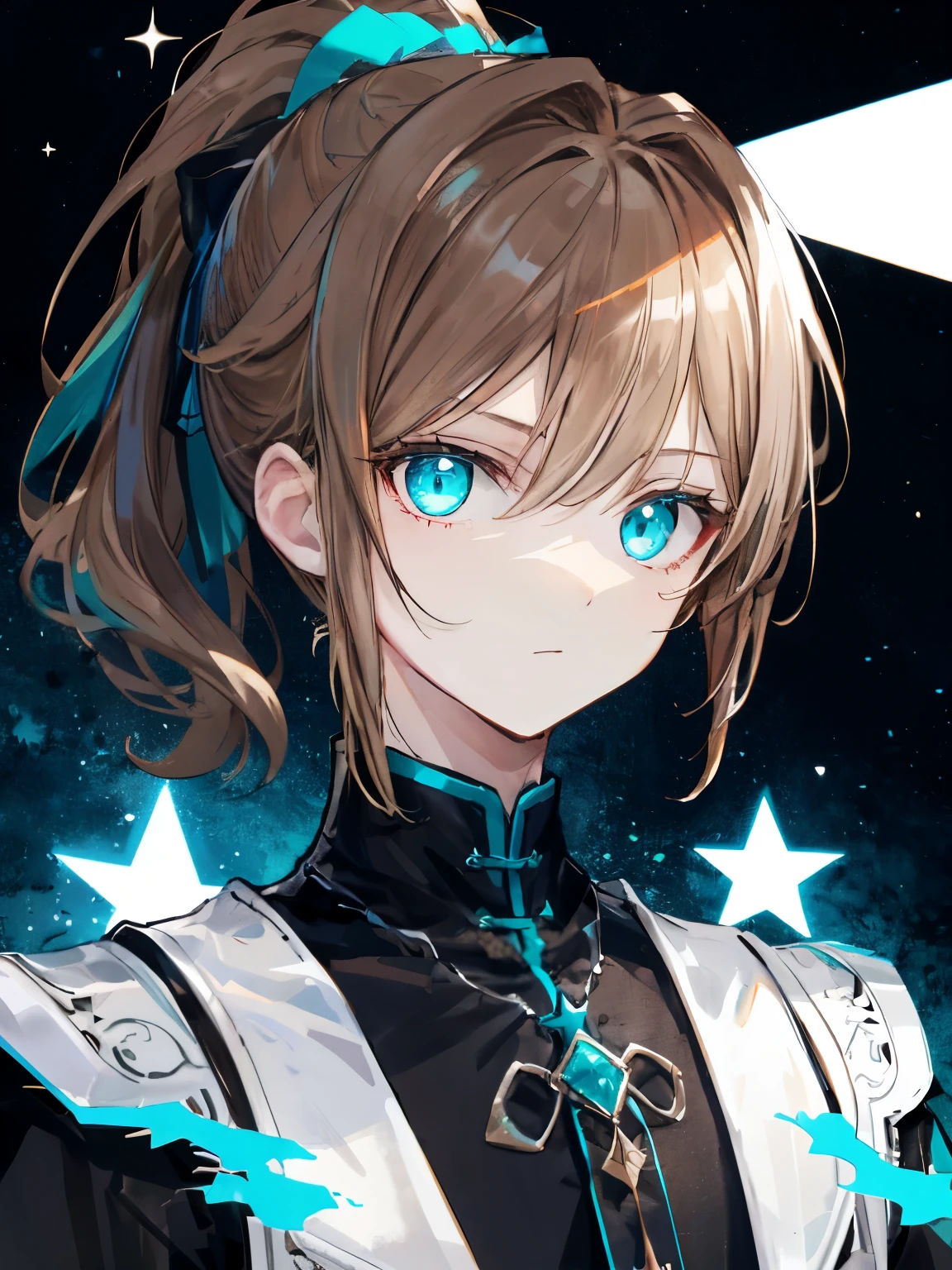 highest quality、muste piece、super detailed、perfect face、very detailed、very delicate、1 boy, (light brown hair)、ponytail, light blue eyes,   noble clothes、 full of confidence,  please keep your mouth shut、expressive eyes, collofull eyes, contrast, shadowy, muste piece, digital art, shining eyes, Intimidating, damaged, devilish, white, black and teal、両手にwhiteく輝くstarを浮かばせる、fear、universe、whole body、star