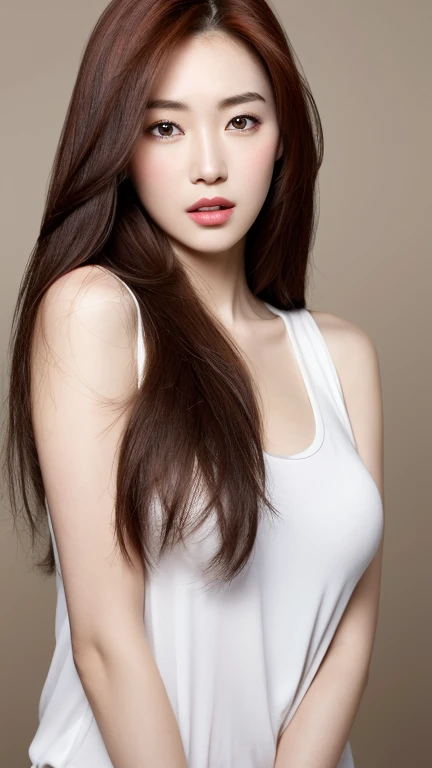 realistic, high resolution, 8k wallpapers, Complete dynamic configuration, Korean Background, beautiful detailed eyes, normal sized eyes, long straight hair, red hair vibrant lips, big bust, Random and plain generic poses, random case, You can see your breasts without a top on., winked, 40 year old woman, Korean woman, (drooping eyes 1.2), (sagging eyebrows 1.2), very beautiful appearance, slim body, natural makeup, Self camera
