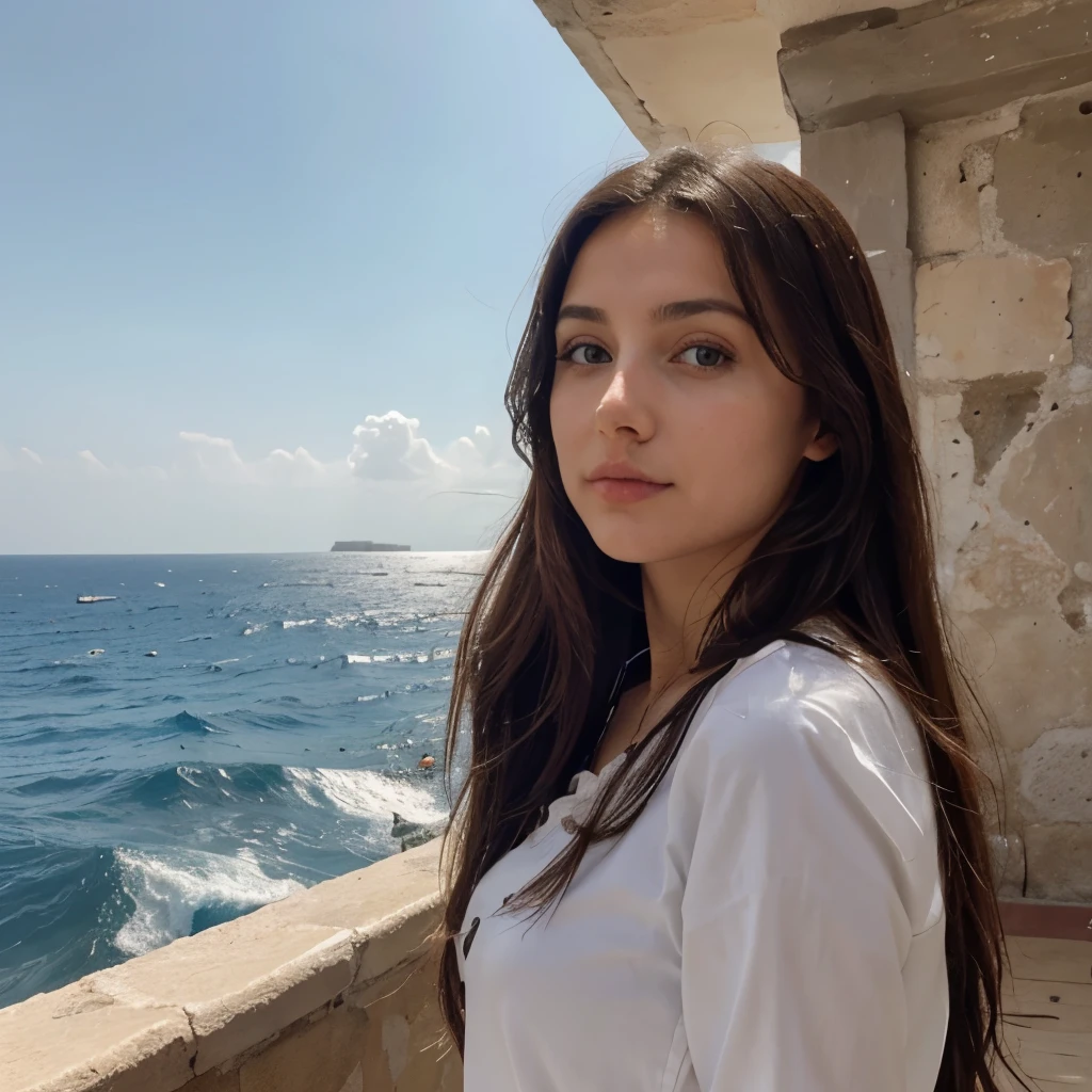 Bella ragazza di vent'anni. Fascino mediterraneo. Capelli lunghi occhi ammalianti. Mora.