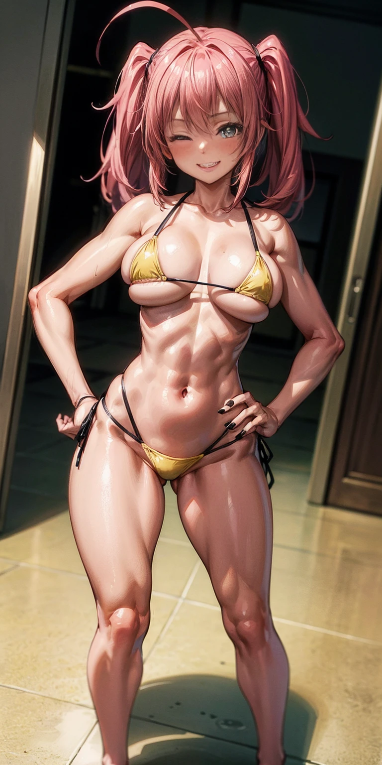 1 girl, (big breasts))), (((wearing short yellow bikini))), (long pink hair), camera on the floor, black nails, perfect hands, perfect fingers and well detailed, one eye closed, Long Eyes, eye flare, happy, anime, anime style, ray tracing, reflection, drop shadow, panorama, Sony FE, 8k, UDisk, master piece, accurate, anatomically correct, Super Detail, best quality , ultra-high resolution, hard disk, 16k, hands on hips, smirking smile red blush