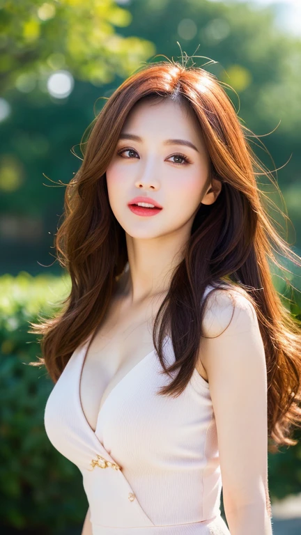 realistic, high resolution, 8k wallpapers, Complete dynamic configuration, Korean Background, beautiful detailed eyes, normal sized eyes, long straight hair, red hair vibrant lips, big bust, Random and plain generic poses, random case, Breast exposure, winked, 40 year old woman, Korean woman, (drooping eyes 1.2), (sagging eyebrows 1.2), very beautiful appearance, slim body, natural makeup, Selfie