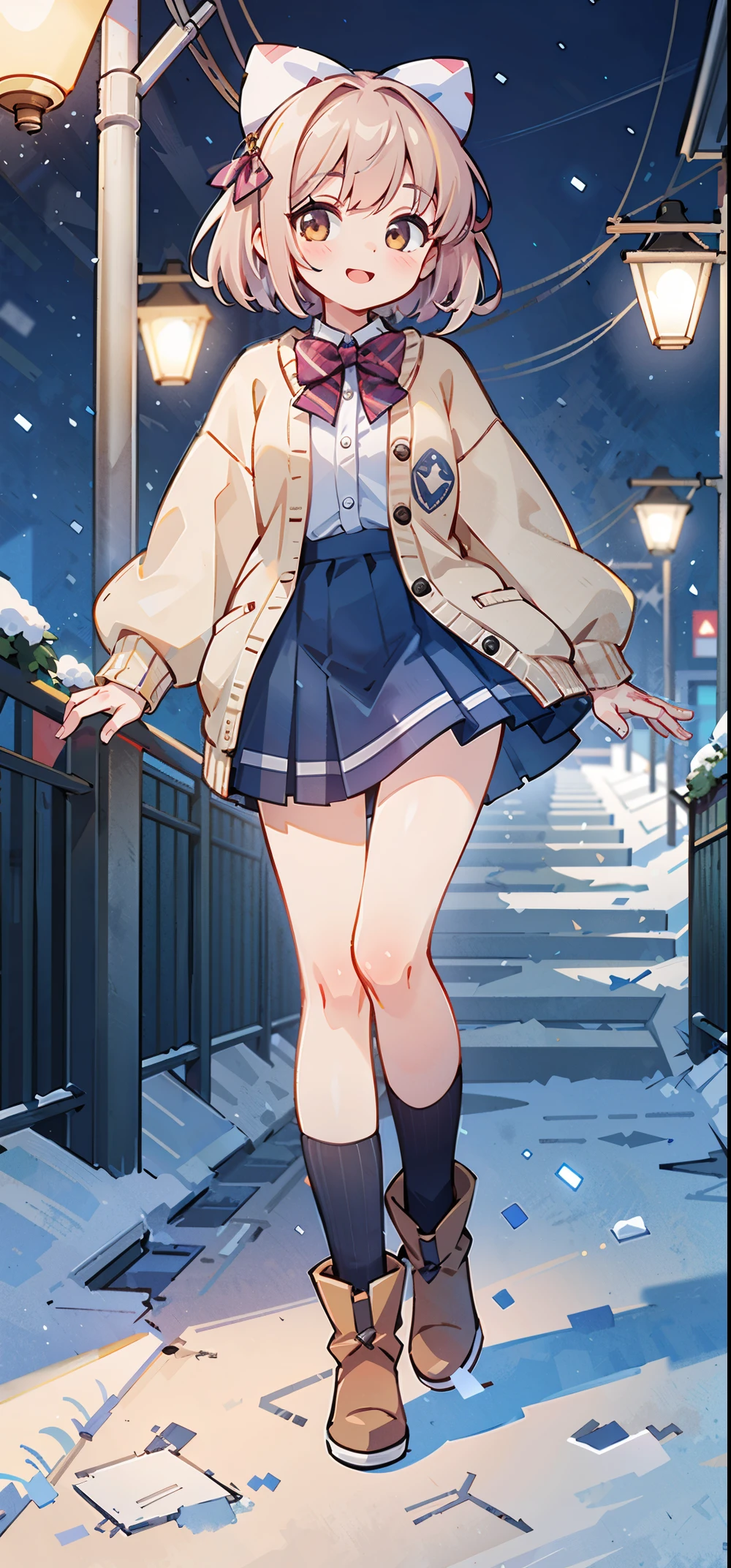 (masterpiece:1.2), best quality, highres, original, (extremely detailed:1.2), ultra-detailed, wallpaper, perfect lighting,(extremely detailed CG:1.2), 8k, anime illustration, 1girl, solo, smiling, (winter outfit:1.2), standing on the street, (knit cardigan:1.1), (bowknot on cardigan:1.25), knee-length skirt, (Ruffled hemline:1.3), winter boots, {delicate|detailed}clothes, (anatomically correct:1.34), close-up, full-body, looking at viewer, frontal, snowy street, (streetlight:1.17), city background, night, unity 4k
