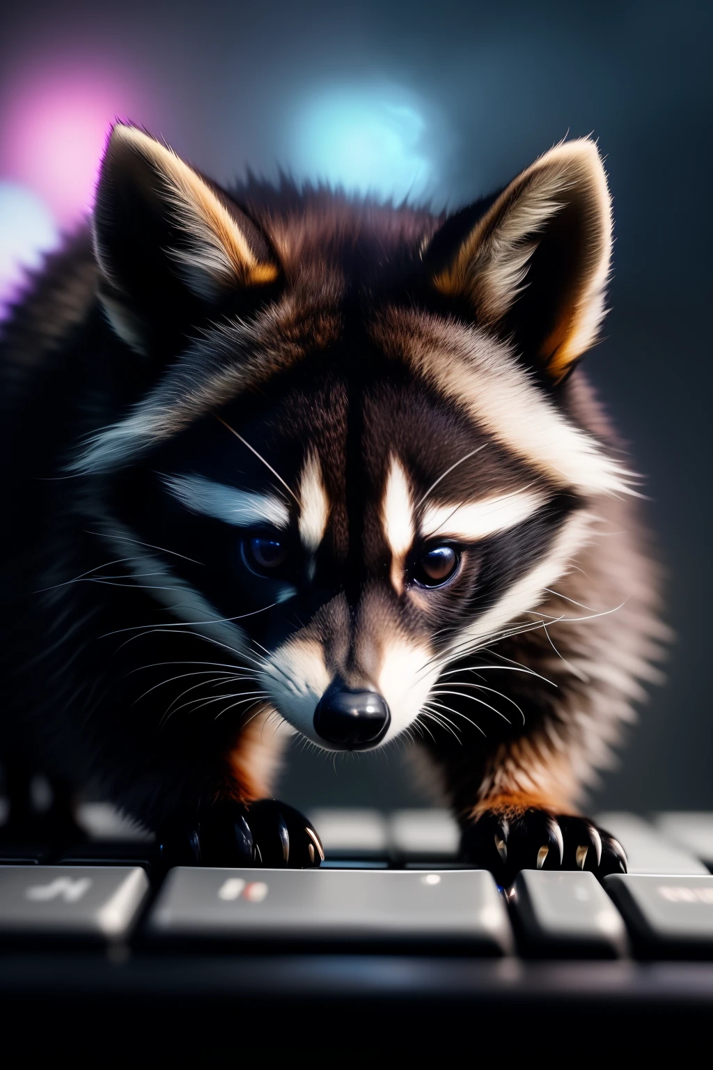 a close up of a raccoon on keyboard with glowing eyes, a digital painting by Kanbun Master, reddit, furry art, digital fox, hackrobat!!!, hacker, racoon, jackal, cybercat, hypdertailed, hyperbeast design, discord profile picture, anthropomorphic racoon, protogen, rocket raccoon