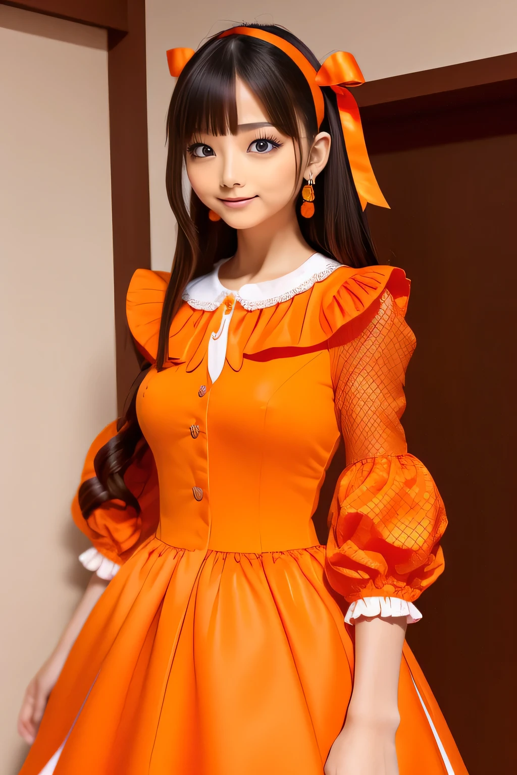 (orange theme:1.3), (cute fashion:1.2), (orange ribbon on head:1.4), (orange and green wide collar with ruffles:1.3), (orange long-sleeves ballgown:1.4), (orange puff sleeves:1.3), (mini skirt:1.4), (fishnet stockings:1.4), Straight long black hair, bangss, s lips、out makeup、short eyelashes、watching at viewers、A smile、Photorealsitic、high-level image quality、masutepiece, Best Quality, 8K, Beautie、Fine details