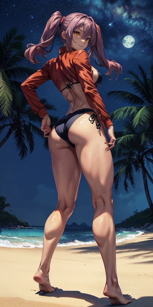 1 girl, (medium breasts))), (((wearing short bikini))), (magenta hair), (((bright yellow eyes))), slim arms, (on the beach at night with starry sky and full moon blood), (slim waist), (((muscular legs))), muscular belly, bare feet, (((showing big ass and looking down))), (full body photo), standing, (twintails ), long eyes, eye flare, bad mood, anime, anime style, ray tracing, glare, drop shadow, panorama, Sony FE, 8k, UDisk, masterpiece, accurate, anatomically correct, Super Detail, best quality, ultra high resolution, UDisk hard, 16k, camera on the floor