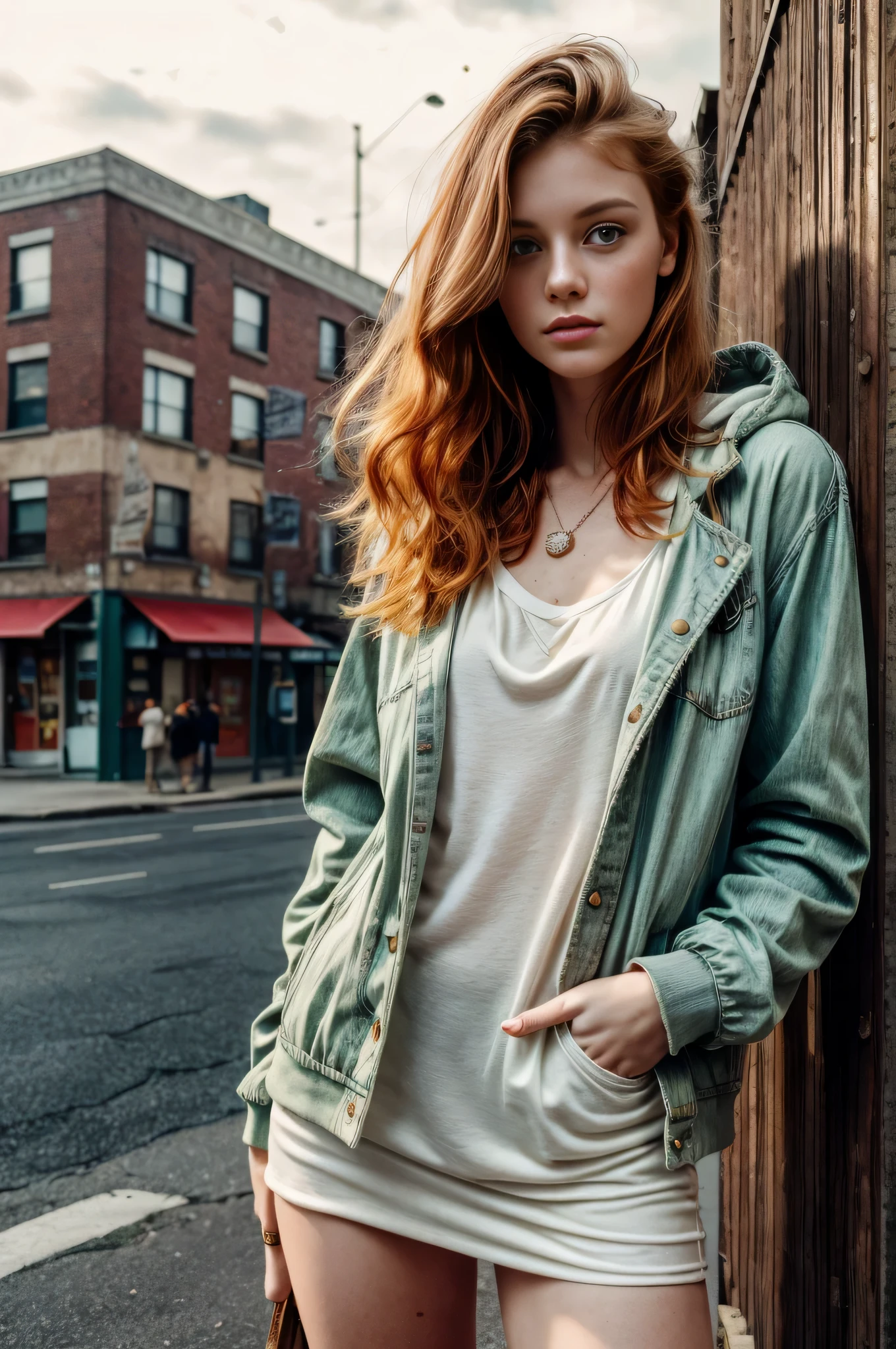 Masterpiece, a Beautiful 22 years old girl, redhead, white skin, freckles, skinny slender body, wearing a vintage floral parttern dress, wearing a grunge jacket with a hoodie, wearing vintage jewelry, short messy Hair, Perfect face, Beautiful face, light green eyes, detailed eyes, looking tired, smiking, (smooth lighting), relaxed pose, Bright colors, Manhattan Greenwhich village street as a background, sunny day, RAW, cinmatic, ultra high res.photorealistic, UHD, (vintage grunge vibes:1.2)