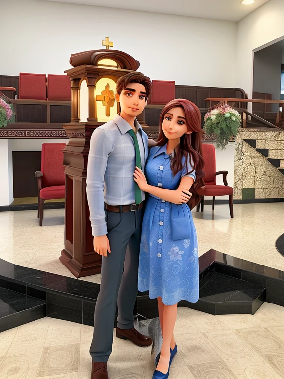 Um casal de homem e mulher, hugged head-on , dentro da igreja, iluminado pela luz
