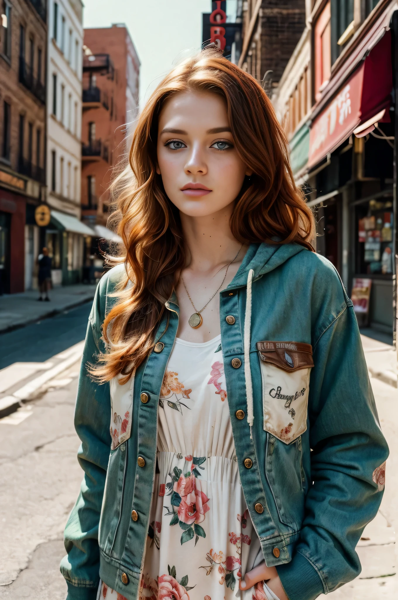 Masterpiece, a Beautiful 22 years old girl, redhead, white skin, freckles, high detailed skin, high realistic skin, skinny slender body, wearing a vintage floral parttern dress, wearing a grunge jacket with a hoodie, wearing vintage jewelry, short messy Hair, Perfect face, Beautiful face, light green eyes, detailed eyes, looking tired, smiking, (smooth lighting), relaxed pose, Bright colors, Manhattan Greenwhich village street as a background, sunny day, RAW, cinematic, ultra high res.photorealistic, UHD, (vintage grunge vibes:1.2)