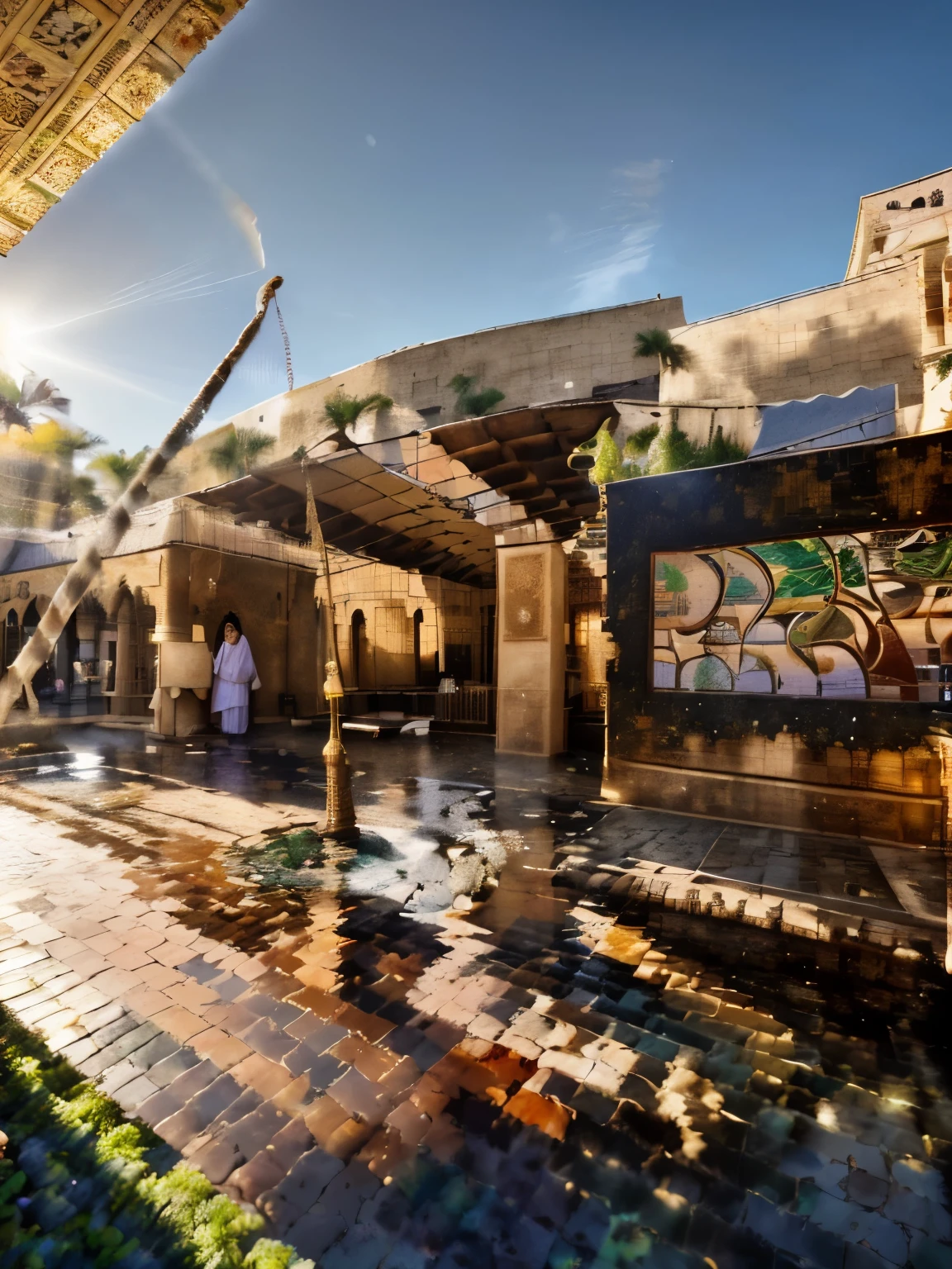 (best quality,4k,8k,highres,masterpiece:1.2),ultra-detailed,(realistic,photorealistic,photo-realistic:1.37),islamic architecture,16 century,building,elaborate arches,dome structure,ornate decorative motifs,colorful geometric patterns,historical,grand courtyard,marble pillars,exquisite tilework,tower,high minaret,lush gardens,serene atmosphere,mammoth courtyard fountain,tapestry,vibrant mosaics,strong sunrays,tranquil pond,peaceful reflection,palm trees,spectacular sunset,lively bazaar,local residents,cobblestone pathways,aromatic spices and herbs,traditional clothing,elegant calligraphy,bustling marketplace,stalls piled with goods,authentic live music,jewelry stalls,fragrant incense,authentic cuisine