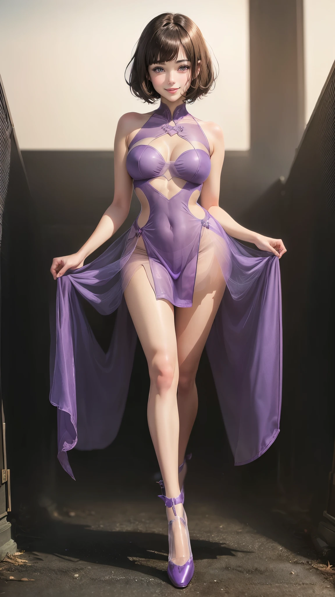 1 girl, short hairs, realistic anime girl,((brunette)),((purple dress, cutout, revealing)), smiling, heels, full body,(( see through,transparent,))