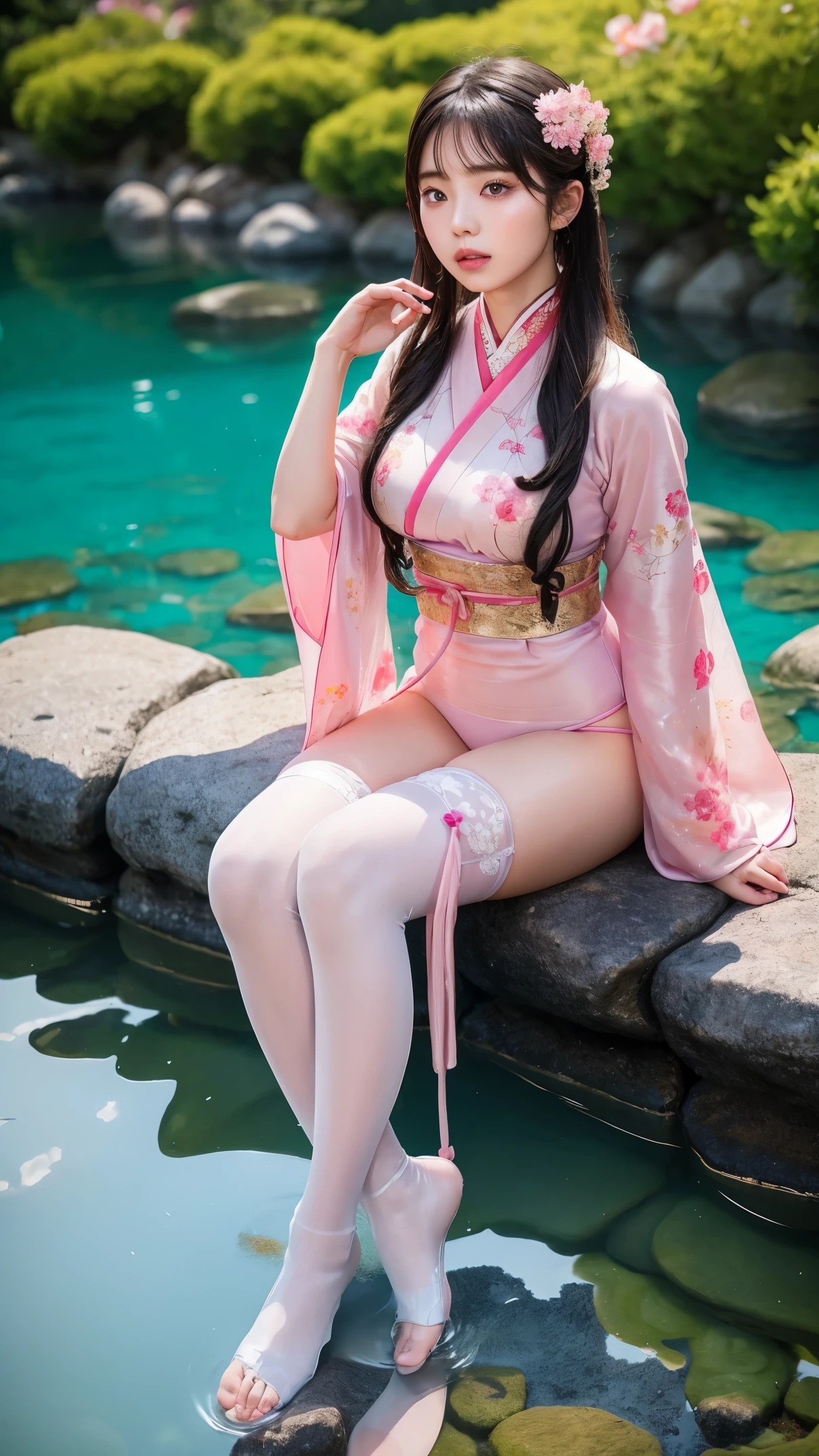 hanfu, 1girl, big breasts, cleavage, mountain, soaking feet, sitting, Chinese park background, black thighhighs,Clear water,(feet:1.3), too many flowers, sexy T-front thongs light pink bodysuit lingerie, Japanese Lady, Japanese makeup 