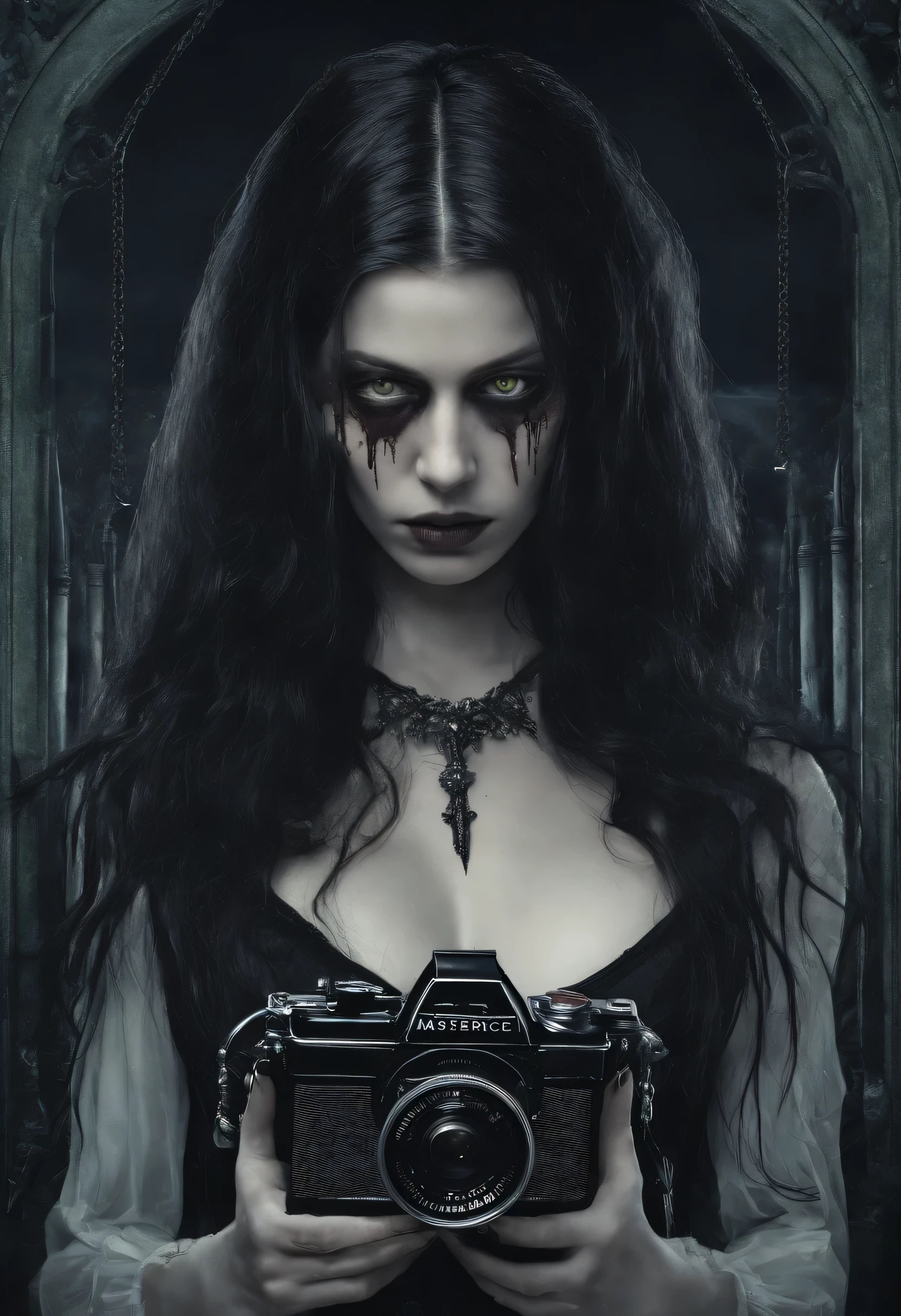 ((masterpiece, best quality)), (1girl), (solo), (female focus), super long wavy hair, black hair, (vintage camera), holding camera, green eyes, lots of earrings, small breasts, long gothic dress, cleavage, rings