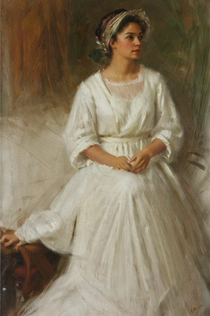 Mary Cassatt, sitting, black hair, long hair, realistic, lips, closed mouth, shirt, brushstrokes