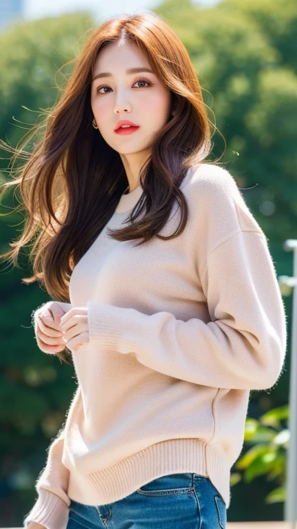 realistic, high resolution, 8k wallpapers, Complete dynamic configuration, Korean Background, beautiful detailed eyes, normal sized eyes, long straight hair, red color hair, vibrant lips, big bust, Random and plain generic poses, random case, Random Casual Outfits, 40-year-old Korean woman, (drooping eyes 1.2), (sagging eyebrows 1.2), very beautiful appearance, slim body, natural makeup, natural photo, Not a model photo