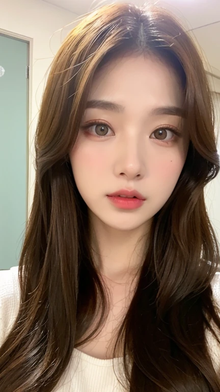 realistic, high resolution, 8k wallpapers, Complete dynamic configuration, Korean Background, beautiful detailed eyes, normal sized eyes, long straight hair, red color hair, vibrant lips, big bust, Random and plain generic poses, random case, Random Casual Outfits, 40-year-old Korean woman, (drooping eyes 1.2), (sagging eyebrows 1.2), very beautiful appearance, slim body, natural makeup, natural photo, Not a model photo, A photo that looks like it was taken by an ordinary person