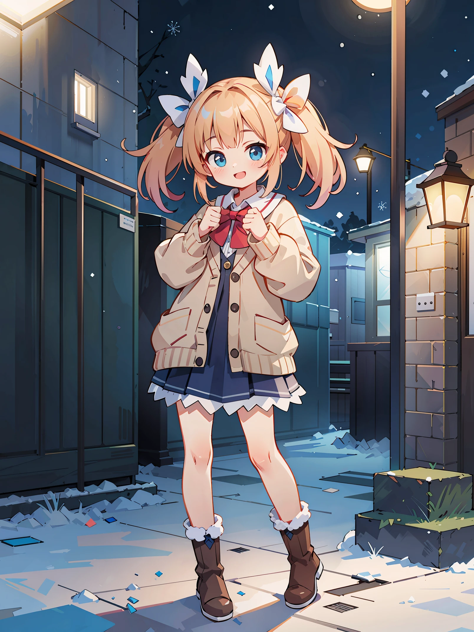 (masterpiece:1.2), best quality, highres, original, (extremely detailed:1.2), ultra-detailed, wallpaper, perfect lighting,(extremely detailed CG:1.2), 8k, anime illustration, 1girl, solo, smiling, (winter outfit:1.2), standing on the street, (knit cardigan:1.1), (bowknot on cardigan:1.25), knee-length skirt, (Ruffled hemline:1.3), winter boots, {delicate|detailed}clothes, (anatomically correct:1.34), close-up, full-body, looking at viewer, frontal, snowy street, (streetlight:1.17), city background, night, unity 4k