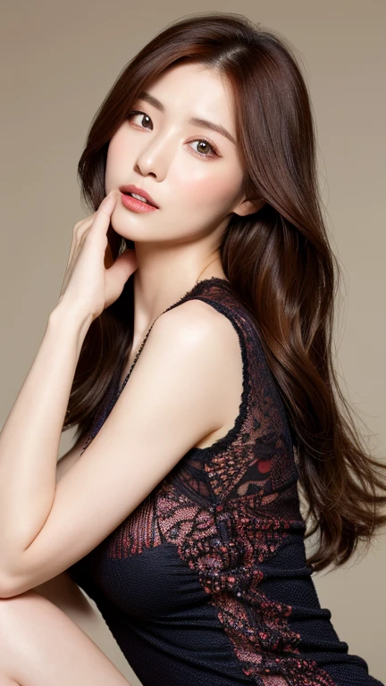 realistic, high resolution, 8k wallpapers, Complete dynamic configuration, Korean Background, beautiful detailed eyes, normal sized eyes, long straight hair, red color hair, vibrant lips, big bust, Random and plain generic poses, random case, underwear, 40-year-old Korean woman, (drooping eyes 1.2), (sagging eyebrows 1.2), very beautiful appearance, slim body, natural makeup,