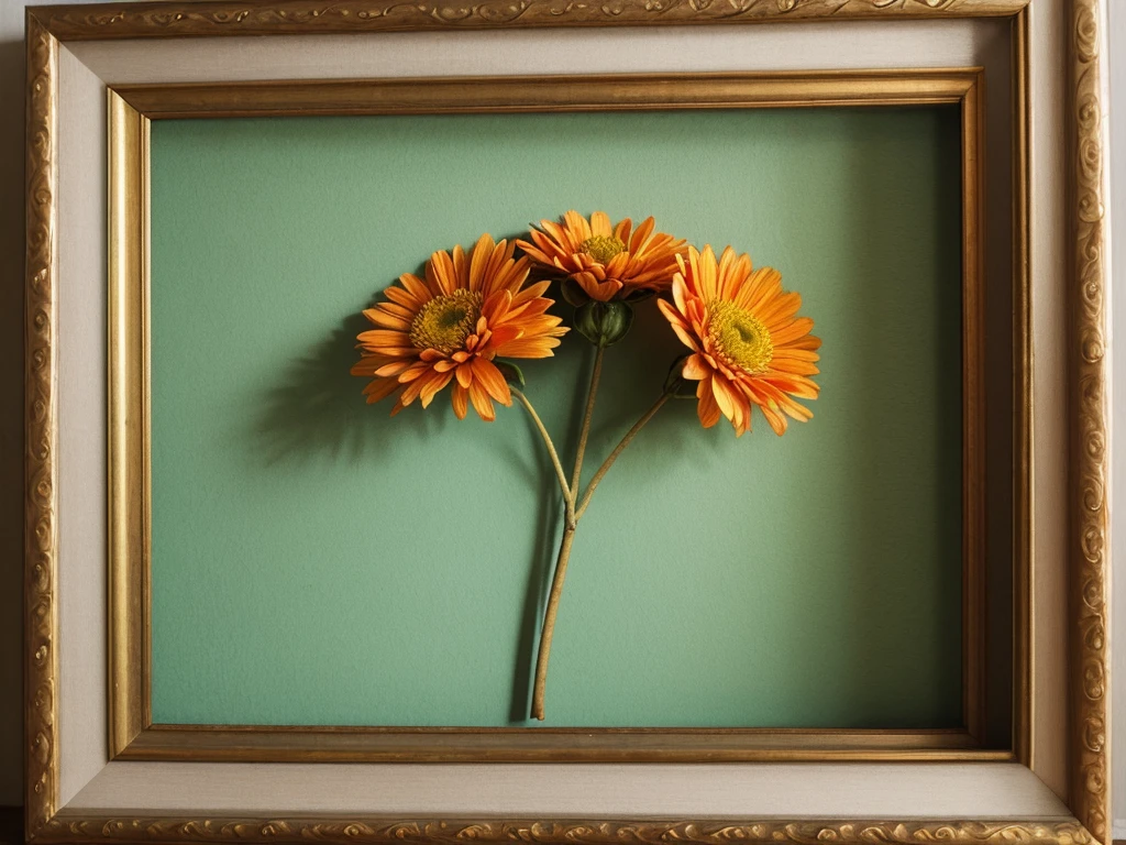 create realistic stunning, high quality, framed picture on the wall, colose up view, vintage bright background, front view, soft light