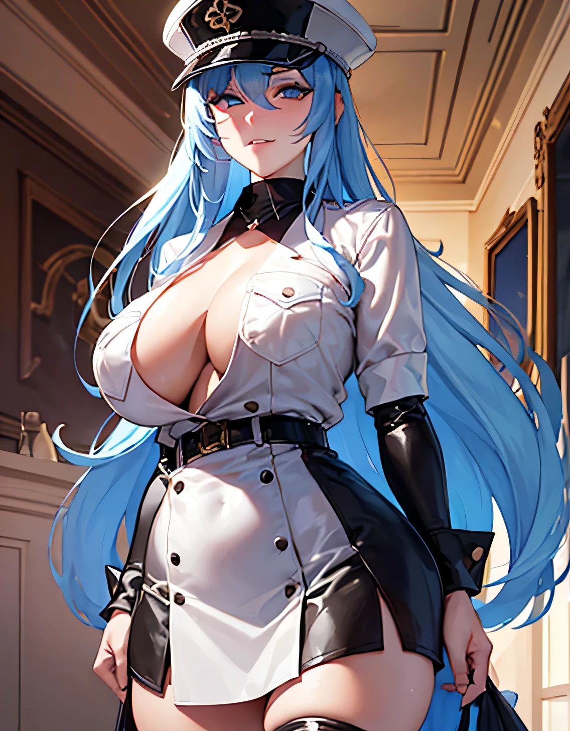 (big breasts:1.5),looking at the viewer,Are standing,((masterpiece)),((highest quality)),perfect anatomy,8K UHD,highly detailed face,luster and luster,((1 girl)),((alone)),(beautiful and fine eyes:1.5),perfect image,(Upper body:1.1),(look ahead:1.1),turn your arms behind your back,slim waist,shiny hair,(Super detailed),(long hair:0.8),light blue hair, blue eyes,formal wear, blouse, peak cap, thigh boots, Black belt ,black dress, black tie,goddess,,gala party,