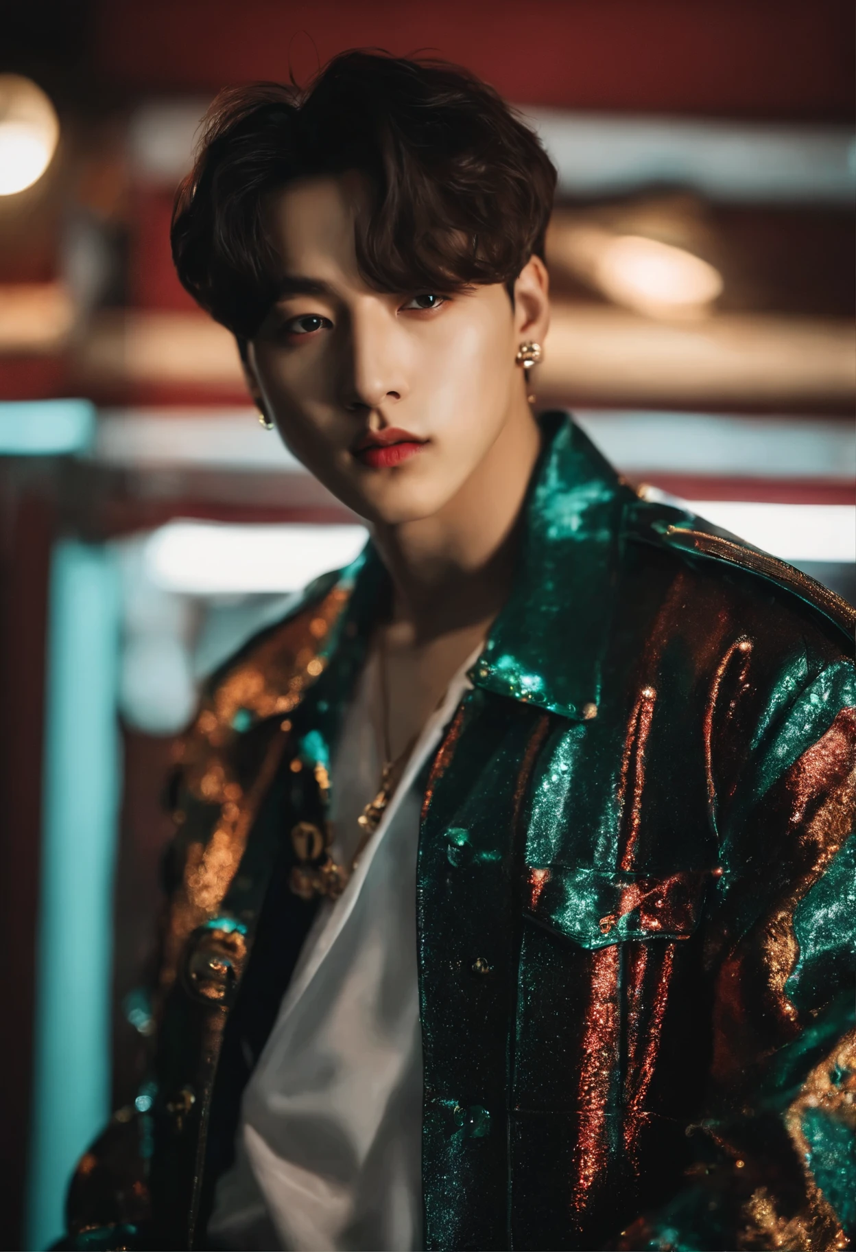 Jeon jungkook do grupo de kpop BTS tirando mirror selfie com roupas de motoqueiro de noite