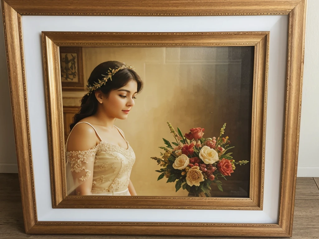 create realistic stunning, high quality, framed picture in wooden frame on the wall, vintage bright background, front view, soft light