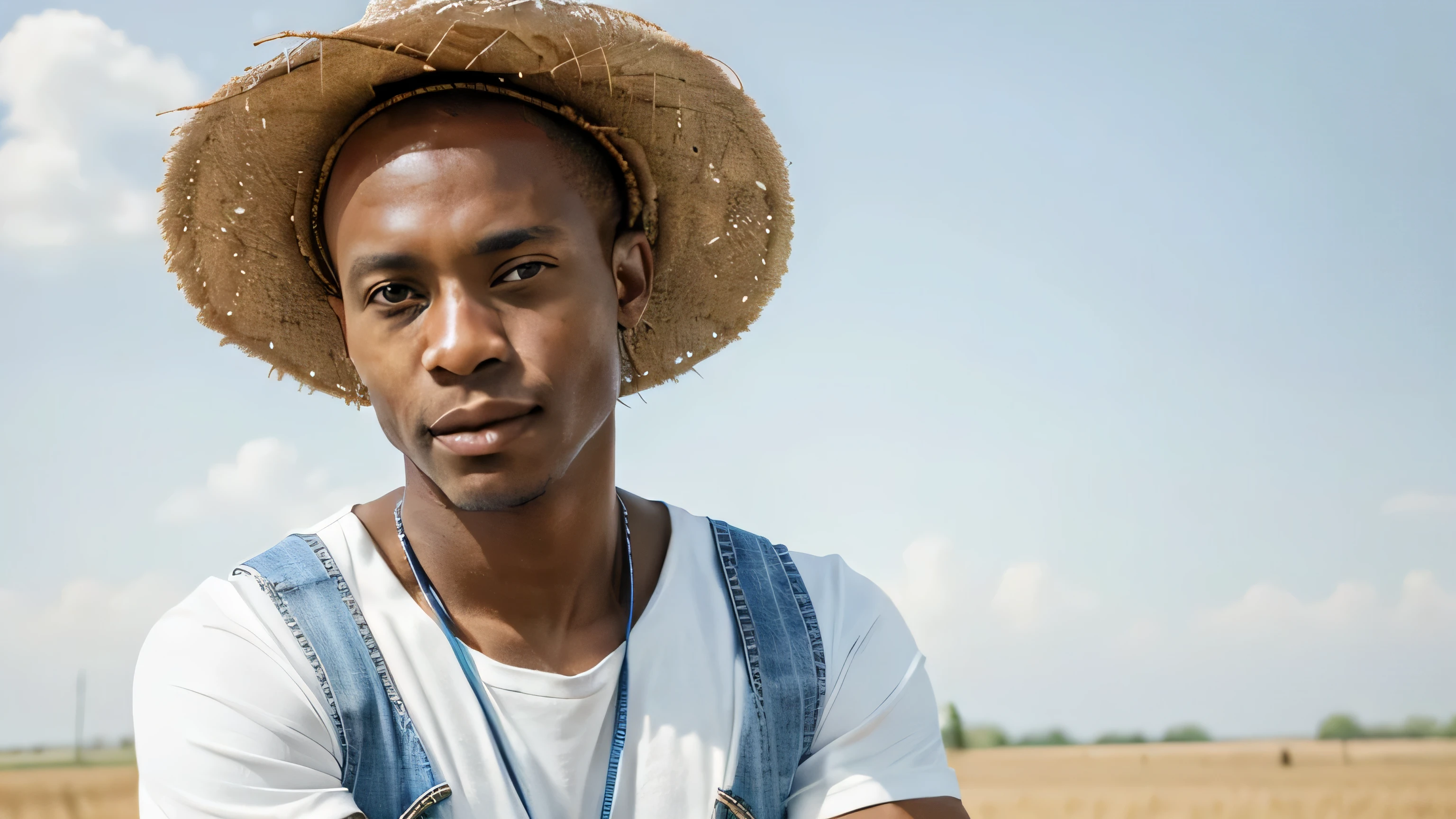 a skinny bald african-american male farmer in a white short-sleeve shirt and blue jean overalls and a straw hat, arms crossed, front angle, facing the camera, waist up shot, sunny day, photo realistic, blank background