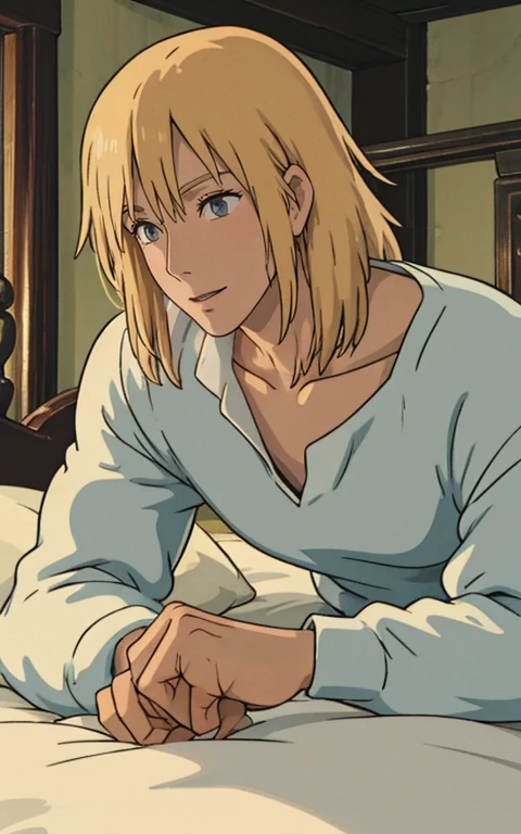 (best quality,4k,highres),2men lovers,sexy,beautifully depicted eyes,bed scene,dominant and submissive,detailed facial features,Hauru's Moving Castle,bad boy