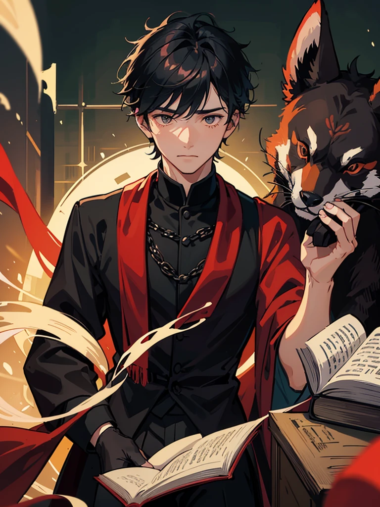 A very sad man with black horses who is holding a soft toy in the shape of a red panda next to him there are books and magic potions