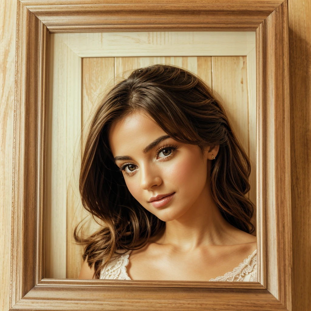 create realistic stunning, high quality, framed picture in wooden frame on the wall, vintage bright background, front view, soft light