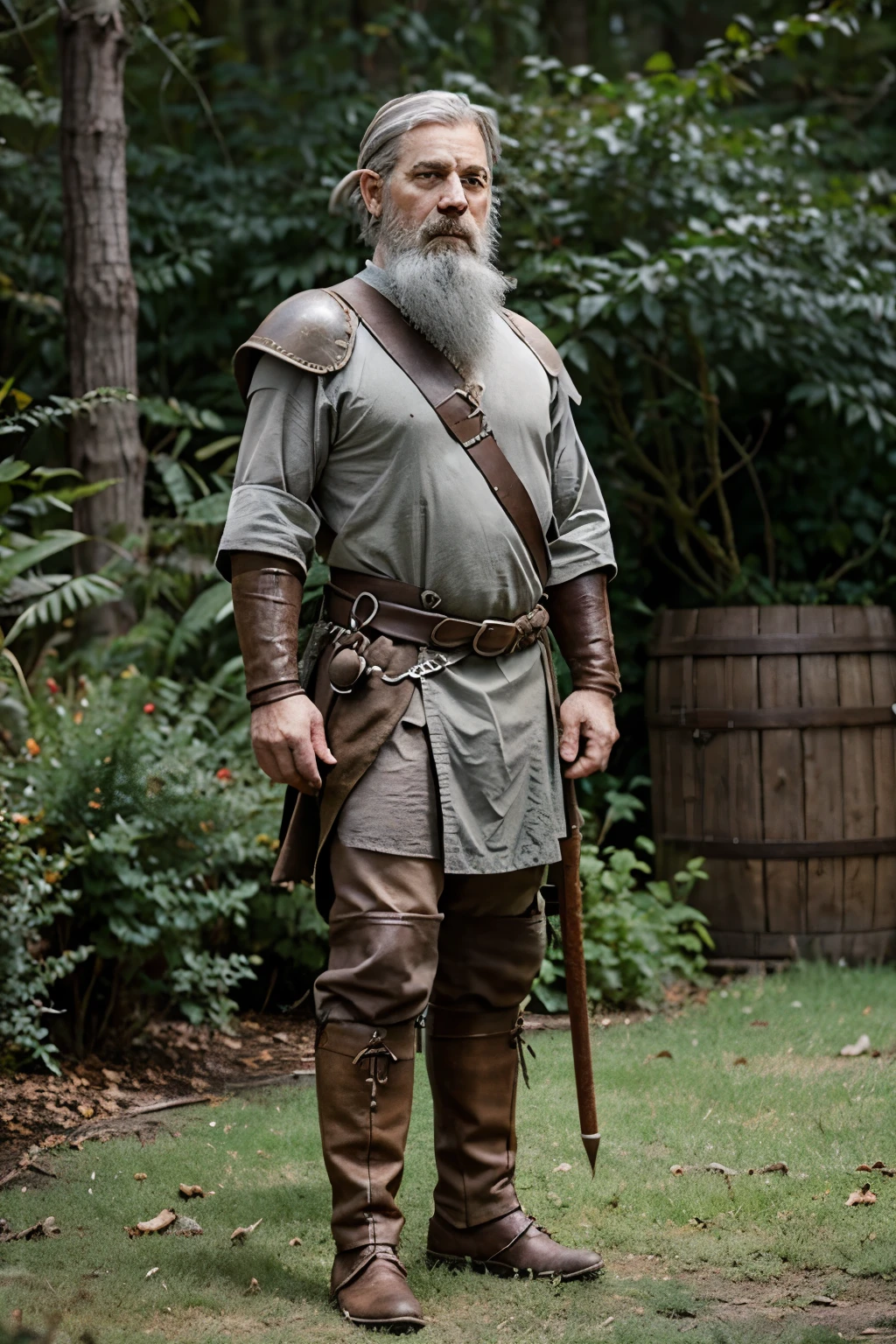 please create a dnd character gnome, which is a outlander and a ranger. It has a white pigeon sitting on its right shoulder. Green eyes, gray hair. gray beard, long with dekoration in the beard. mid age, small and standing in a forest. the skin should be walnut brown. it wears leather armour and it should be drawn in cartoon. DO NOT FORGET THE PIGEON
