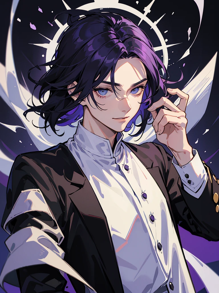 chef-d&#39;œuvre, meilleure qualité, ((1 homme)),cheveux noir,yeux violet,expression sérieuse, Souriant,taille base,dessin au trait,cheveux long,blazer noir,T-shirt blanc,yeux triste,((Tite Kubo style))