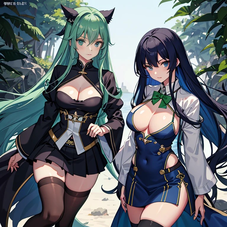 Kizi, highr, Concealed arm, Blue_and_Green hair, Detailed beautiful eyes, navy blue eyes, evilsmile, medium boob, Open navel,Bigchest, big breasts thin waist,medium thigh, Long legs,High Root,blacksilk,校服, Japan School Uniform,JK school uniform,Long black stockings, Detailed clothes, tmasterpiece