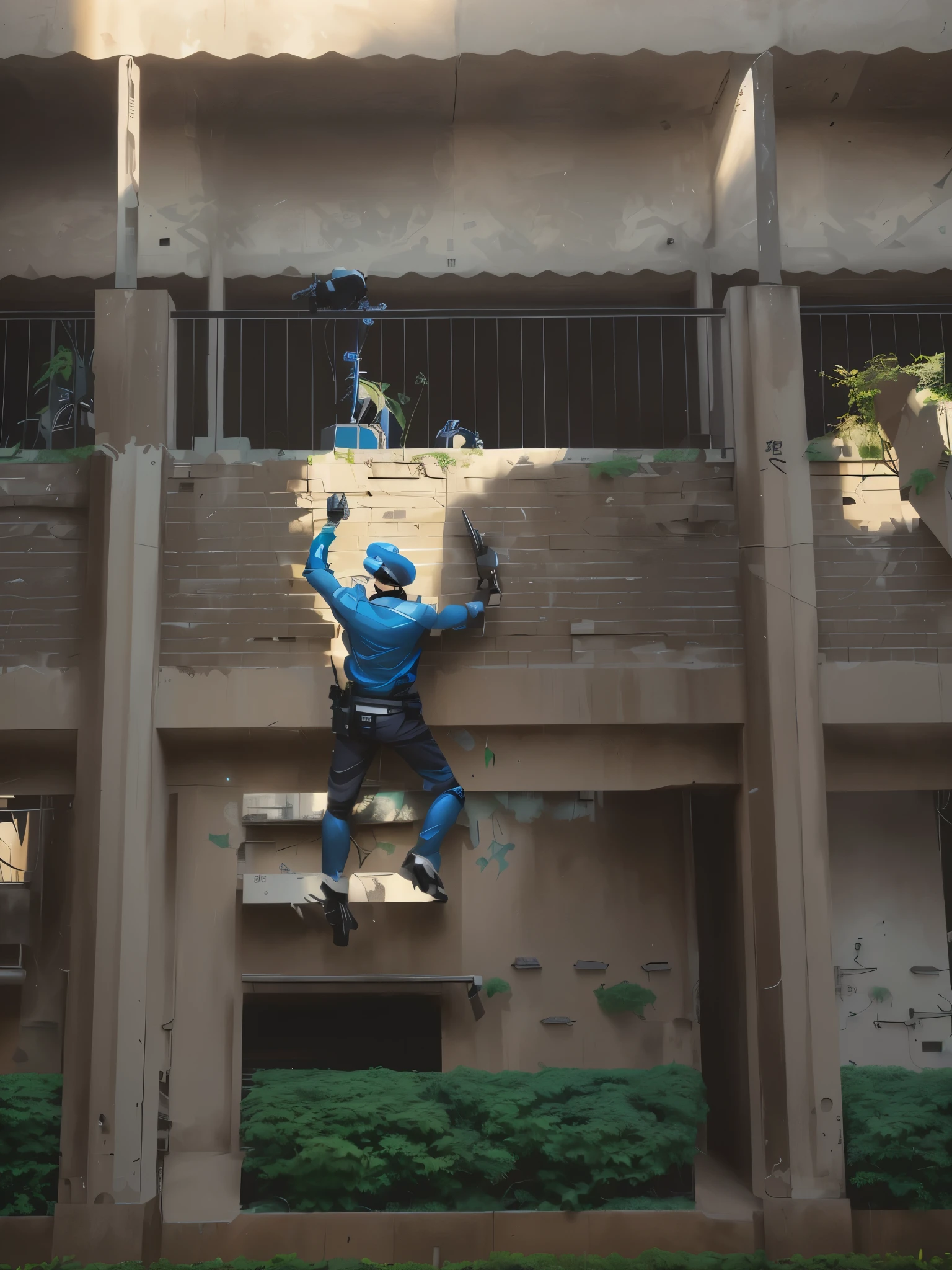 there is a robtic man, wearing cap and pent shirt, climbing up, facing wall, face is on wall, he is against wall, his back is toward camera, to balcony, plants in balcony giant robot statue, the man on the wall, black silver robot, in an old building, traditional Japanese concept art, Andrea's Rocha style, stylized fantasy artwork, anime epic artwork, detailed render, 8k, detailed, anime, illustration, detailed digital art