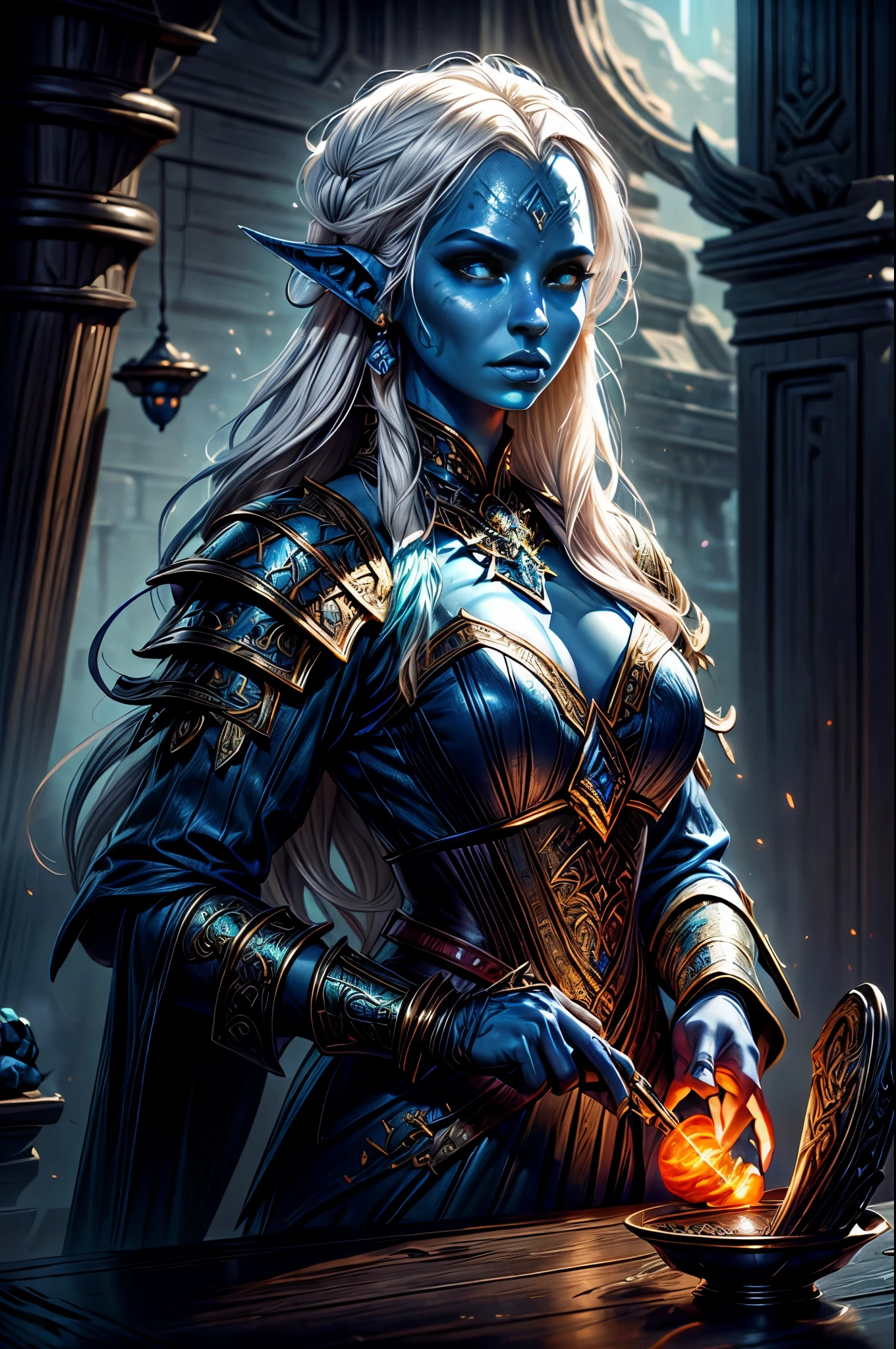 fantasy art, dnd art, RPG art, wide shot, (masterpiece: 1.4) portrait, intense details, highly detailed, photorealistic, best quality, highres, portrait a vedalken female (fantasy art, Masterpiece, best quality: 1.3) ((blue skin: 1.5)), intense details facial details, exquisite beauty, (fantasy art, Masterpiece, best quality) cleric, (blue colored skin: 1.5) 1person blue_skin, blue skinned female, (white hair: 1.3), long hair, intense green eye, ((no ears: 1.6)), fantasy art, Masterpiece, best quality) armed a fiery sword red fire, wearing heavy (white: 1.3) wearing armor, wearing high heeled laced boots, wearing an(orange :1.3) cloak, wearing glowing holy symbol GlowingRunes_pink, within fantasy temple background, reflection light, high details, best quality, 16k, [ultra detailed], masterpiece, best quality, (extremely detailed), close up, ultra wide shot, photorealistic, RAW, fantasy art, dnd art, fantasy art, realistic art,((best quality)), ((masterpiece)), (detailed), perfect face