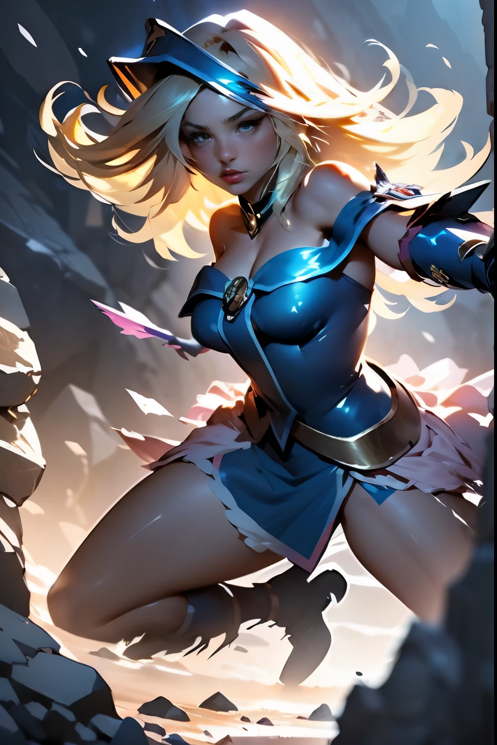 (1 Girl 25 years old. ojos cian. (Cabello largo y rizado dorado, Scattered in a mess:1.2). (Vestido azul sucio con bordados dorados). high-heeled shoes. Hermosa cara de personaje. ojos y rostro detallados, facciones delicadas, (????). She fights in the middle of an underground labyrinth.), muros de piedra, Niebla ligera. Manos extendidas. Blandiendo armas, Esgrima. Cuerpo a cuerpo. Ambiente ansioso. fantasy theme,. dramatic lighting. muy detallado. vista lateral.