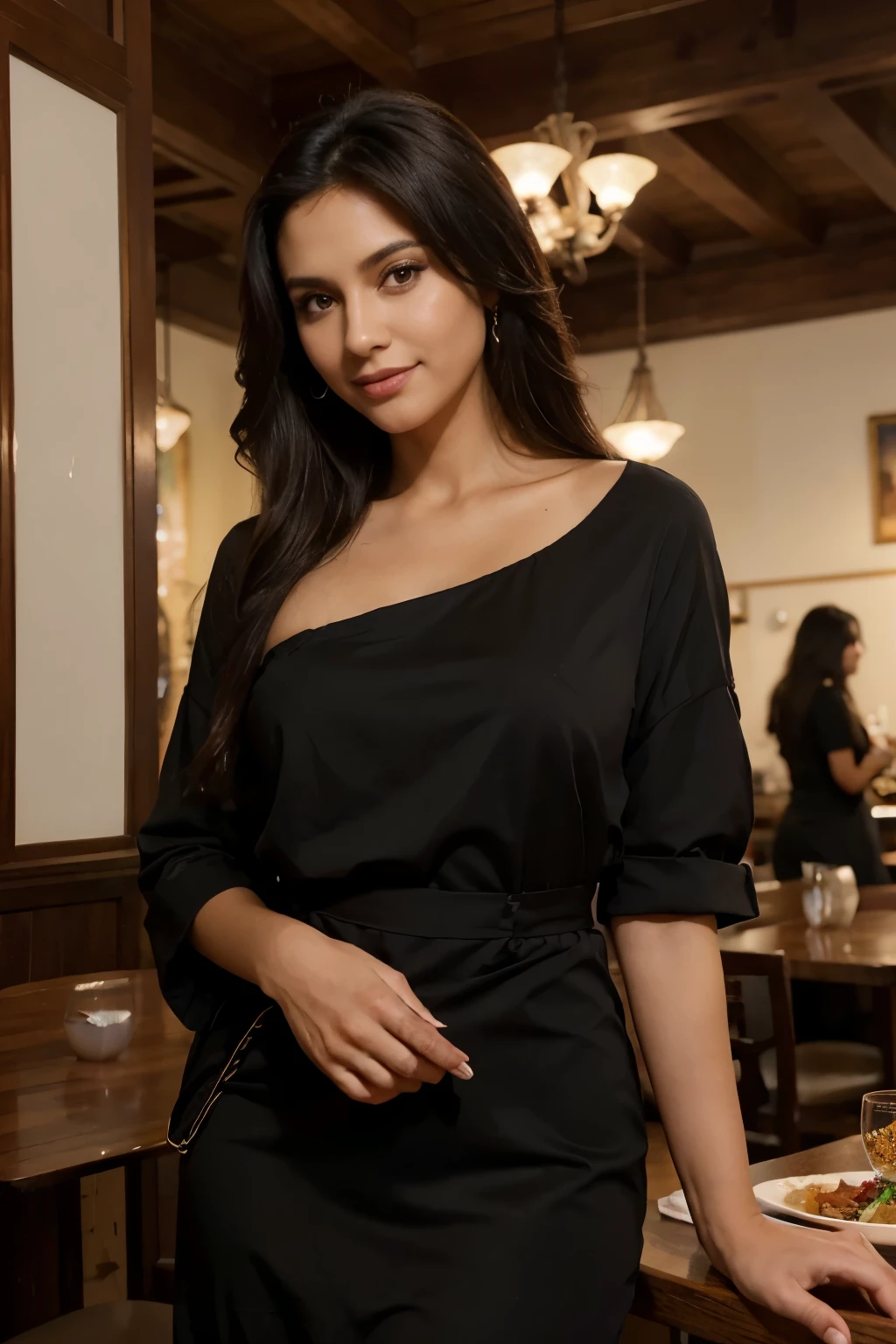 1 mujer adulta, Cabello largo, cabello enrulado, dyed black hair, piel suave, Brown eyes, smile, vegetation, Ocasional, Ropa estilo mujer de negocios, Light brown blaser, realista, con antecedentes en un restaurante de lujo, 8k opponent realist, Super detailed and realistic, con ropa de cena de gala elegante, cabello arabe, vestido rojo 